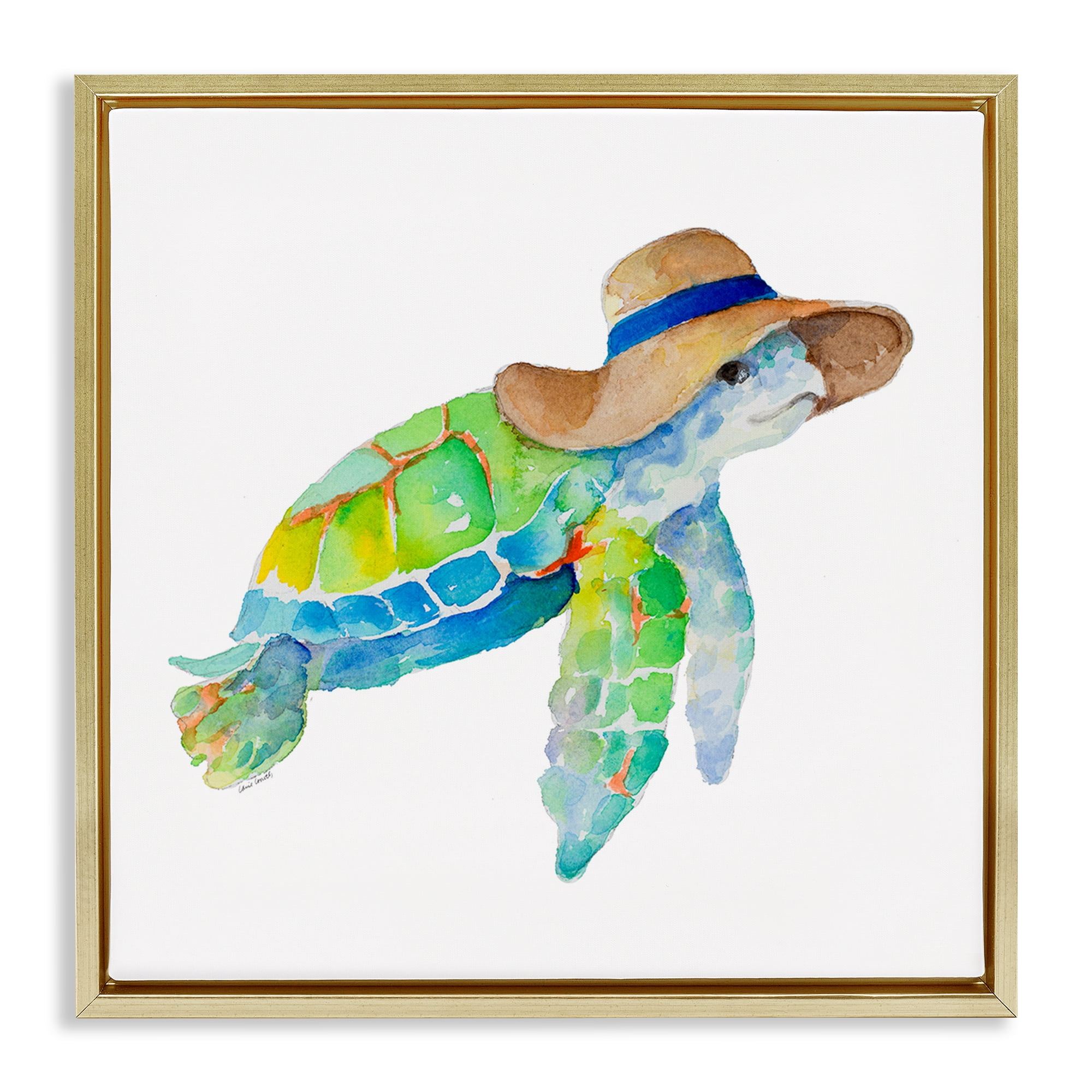 Stupell Industries Beach Ready Turtle Novelty Painting Gold Floater Framed Canvas Art Print Wall Art, 25 x 25