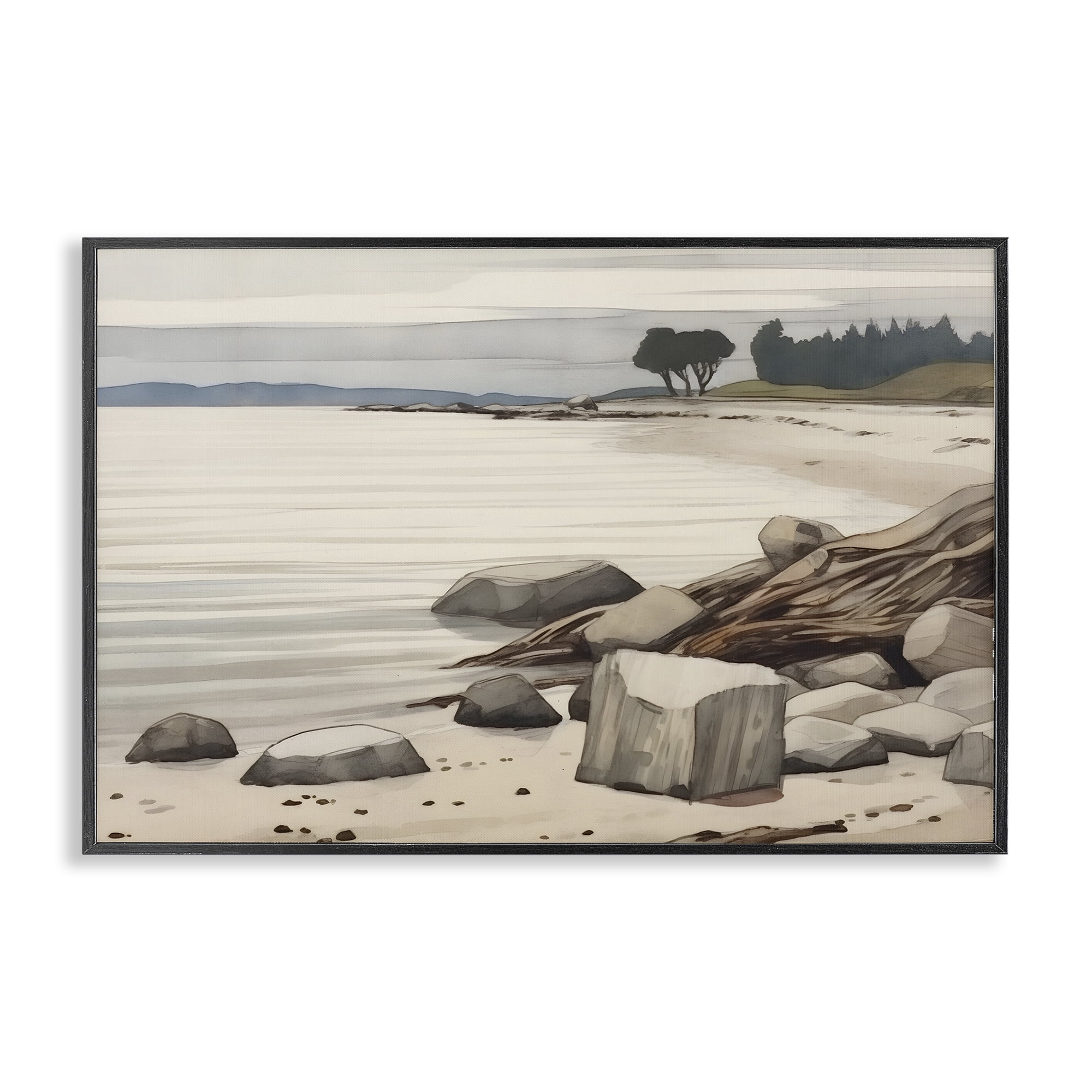 Stupell Industries Beach Rock View Landscape & Nature Painting Black Framed Art Print Wall Art, 18 x 12