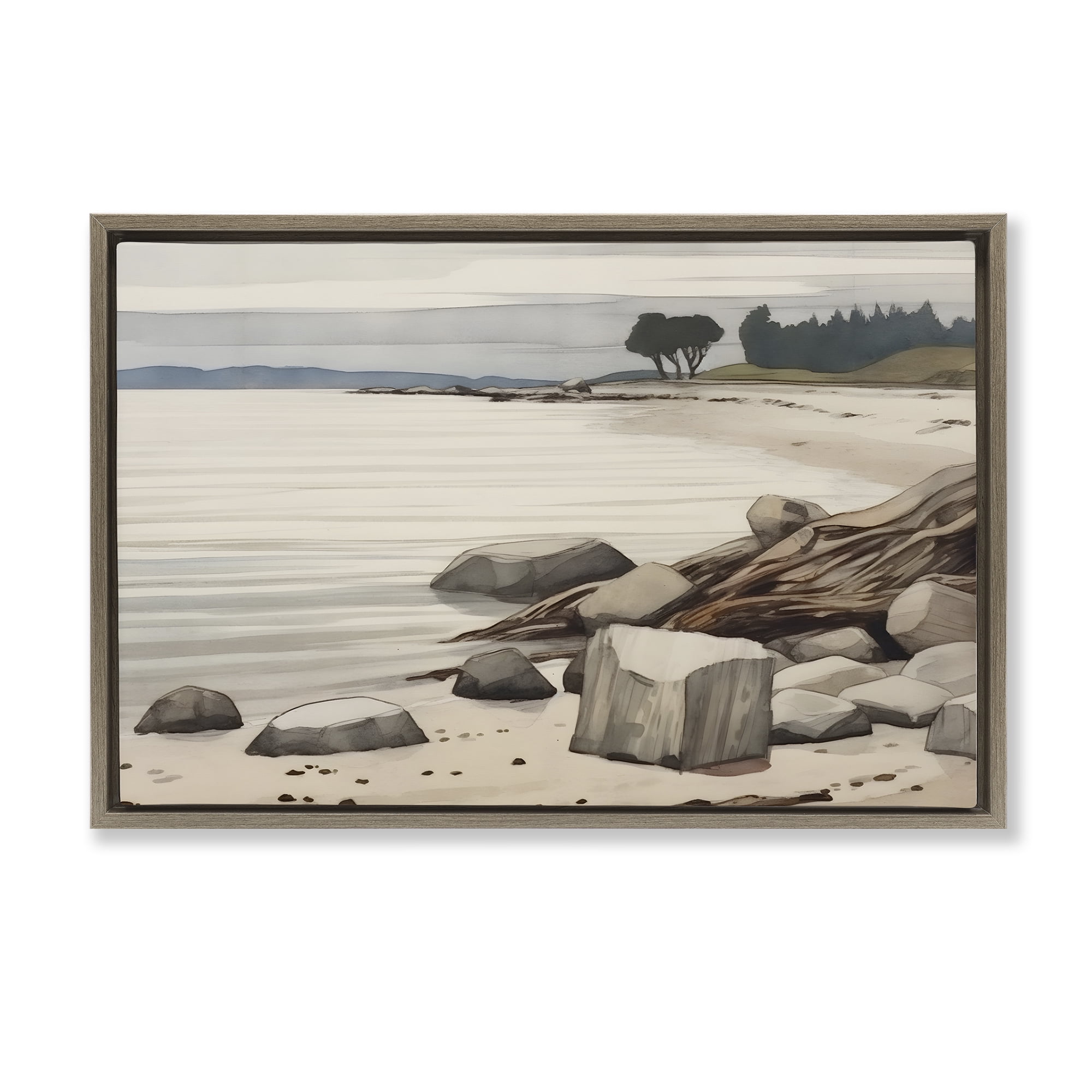 Stupell Industries Beach Rock View Landscape & Nature Painting Brown Floater Framed Canvas Art Print Wall Art, 25 x 17