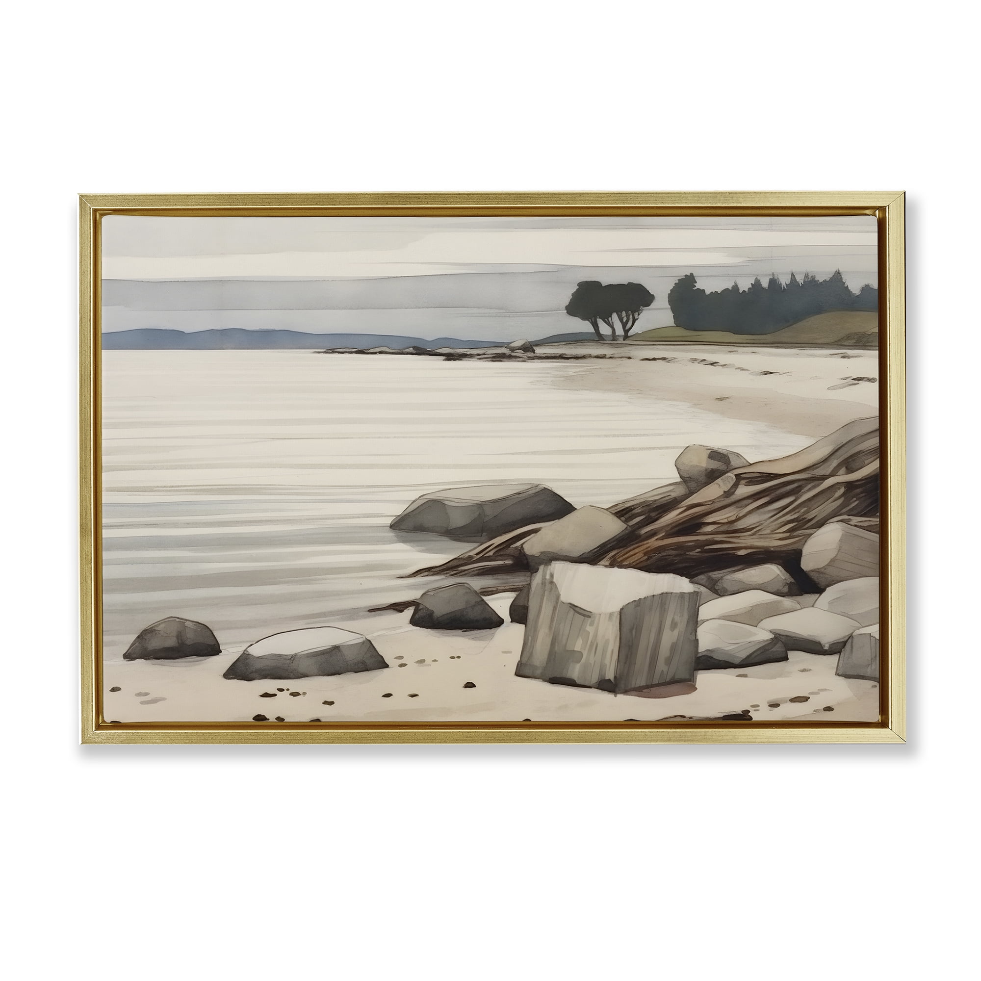 Stupell Industries Beach Rock View Landscape & Nature Painting Gold Floater Framed Canvas Art Print Wall Art, 25 x 17