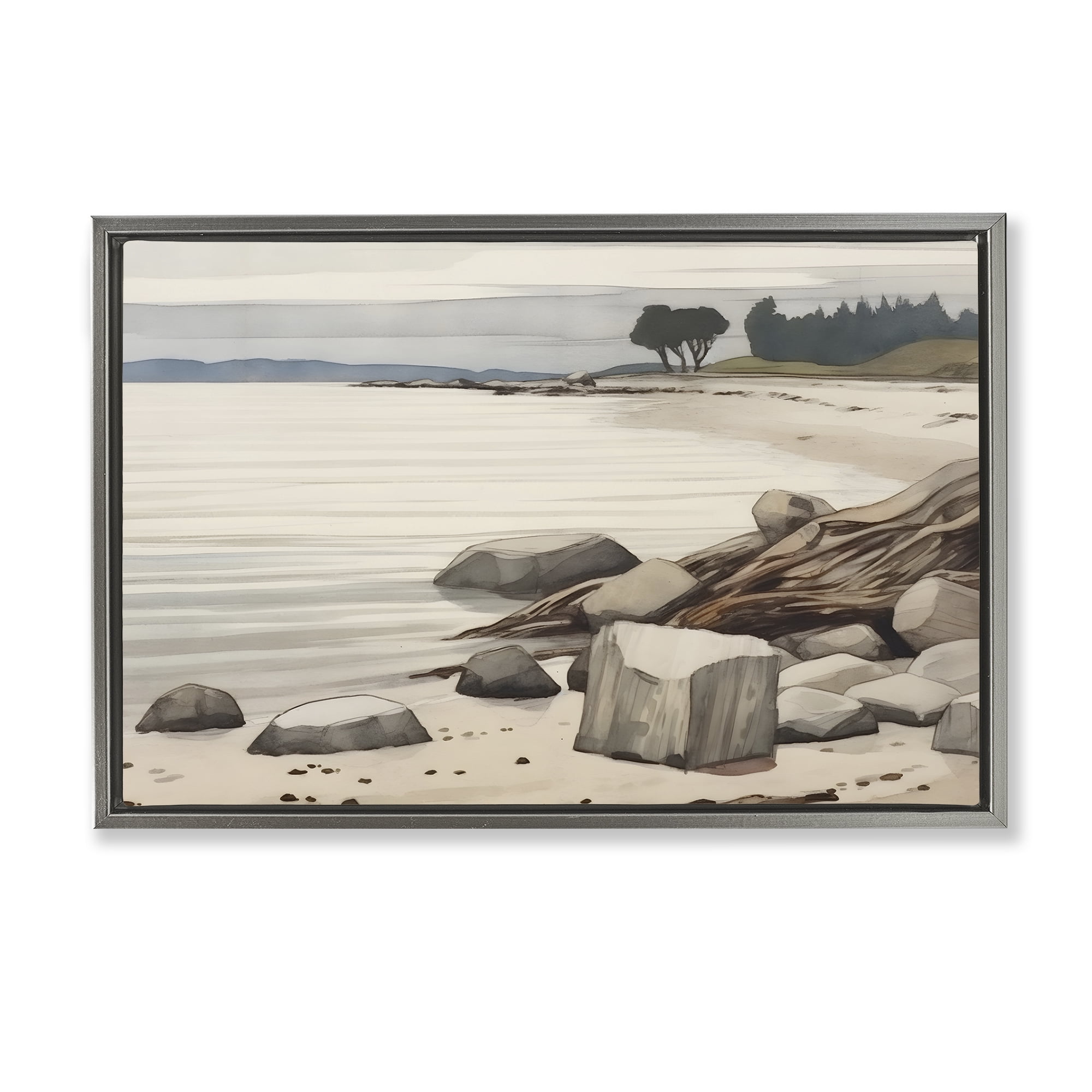 Stupell Industries Beach Rock View Landscape & Nature Painting Gray Floater Framed Canvas Art Print Wall Art, 31 x 21