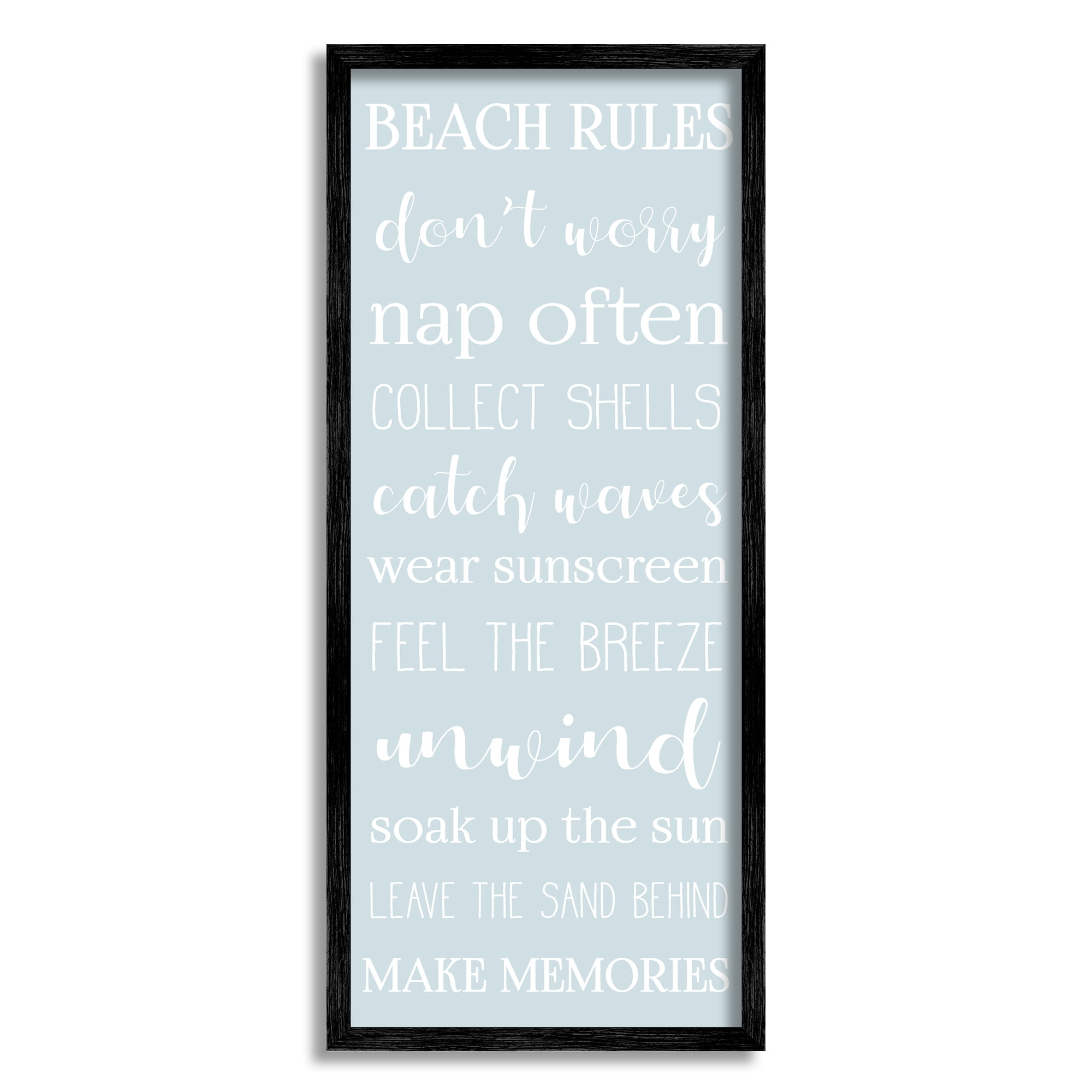 Stupell Industries Beach Rules List Coastal Activities Blue White Modern Painting Black Framed Art Print Wall Art, 10 x 24, Design by Daphne Polselli