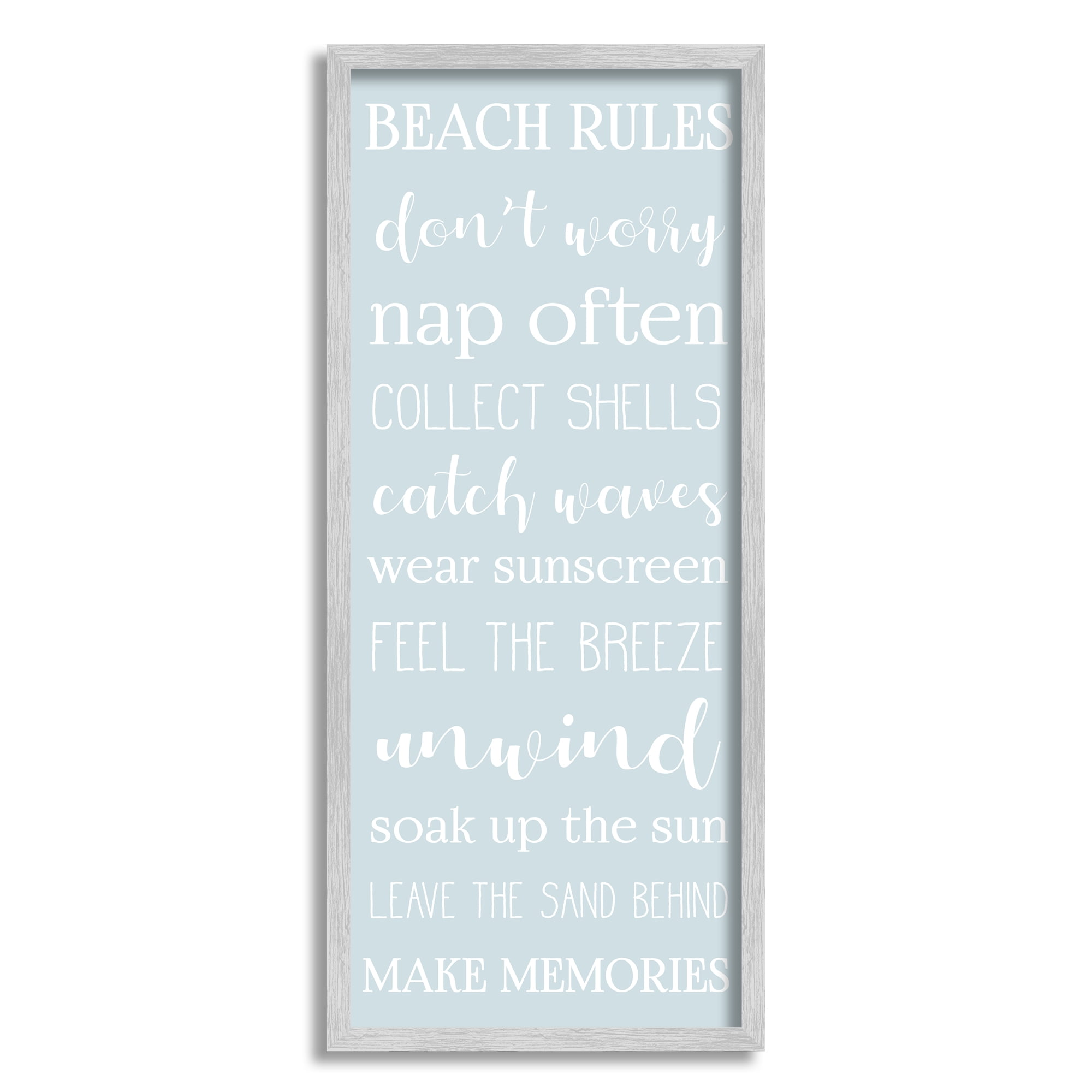 Stupell Industries Beach Rules List Coastal Activities Blue White Modern Painting Gray Framed Art Print Wall Art, 10 x 24, Design by Daphne Polselli