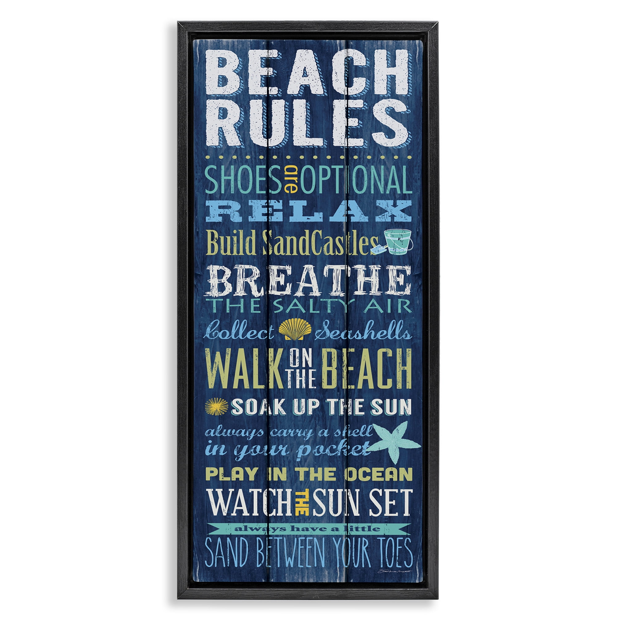 Stupell Industries Beach Rules Relax Breathe Typography Painting Black Floater Framed Canvas Art Print Wall Art, 11 x 25