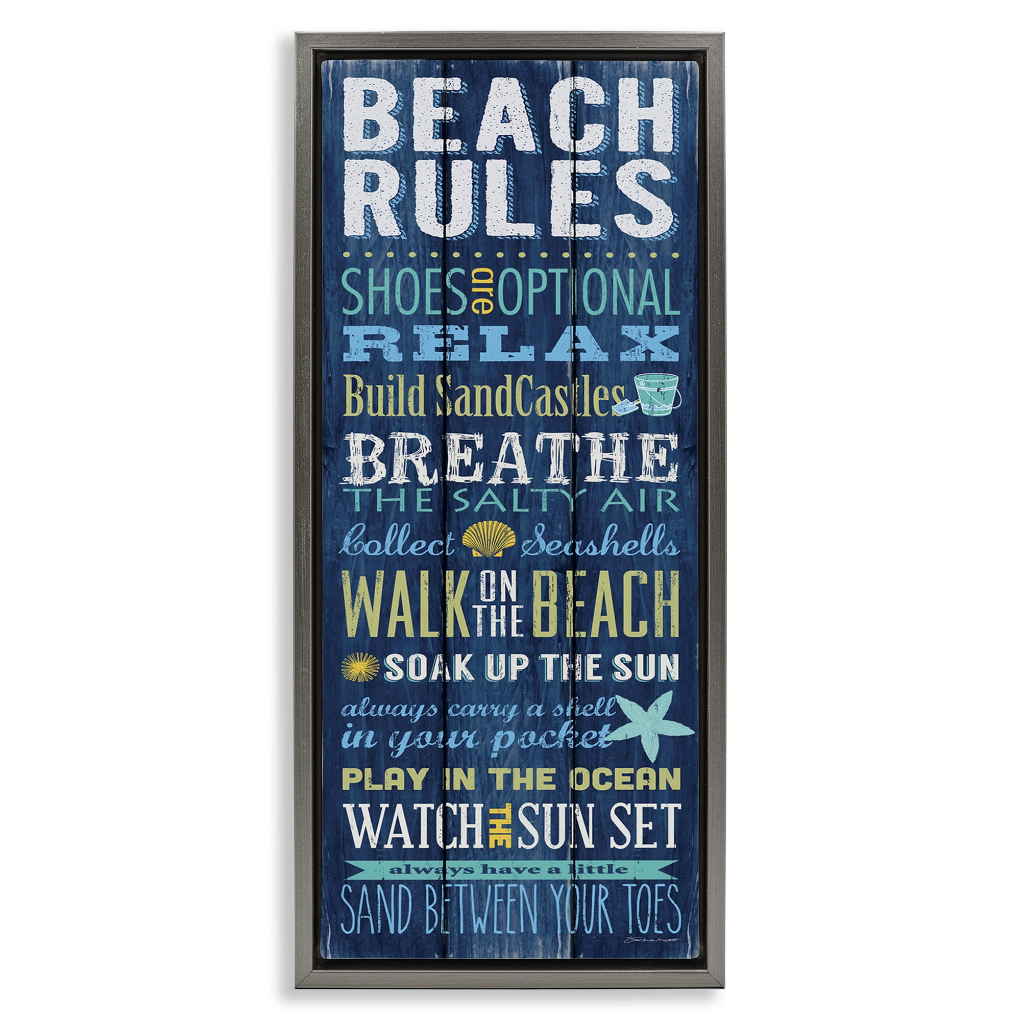Stupell Industries Beach Rules Relax Breathe Typography Painting Gray Floater Framed Canvas Art Print Wall Art, 11 x 25
