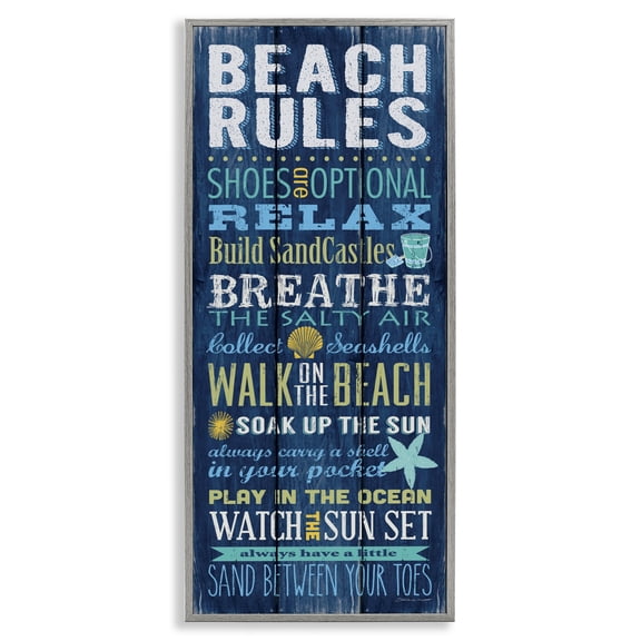 Stupell Industries Industrial Blue Planked Beach Rules Sign Gray Framed Giclee Art, 10 x 24, by Stephanie Workman Marrott