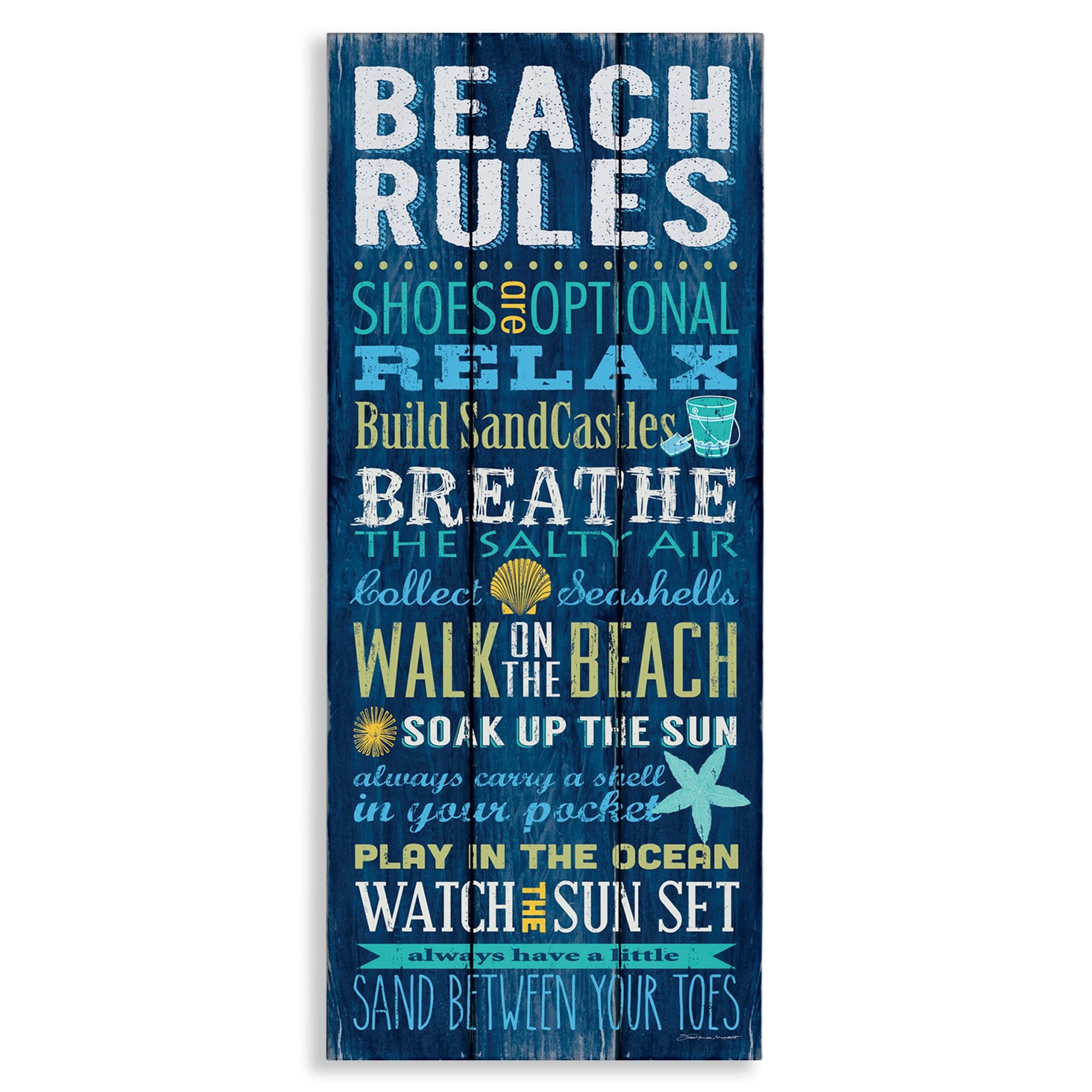 Stupell Industries Beach Rules Sign Blue Planked Pattern Motivational Phrases, 13 x 30, Design by Stephanie Workman Marrott