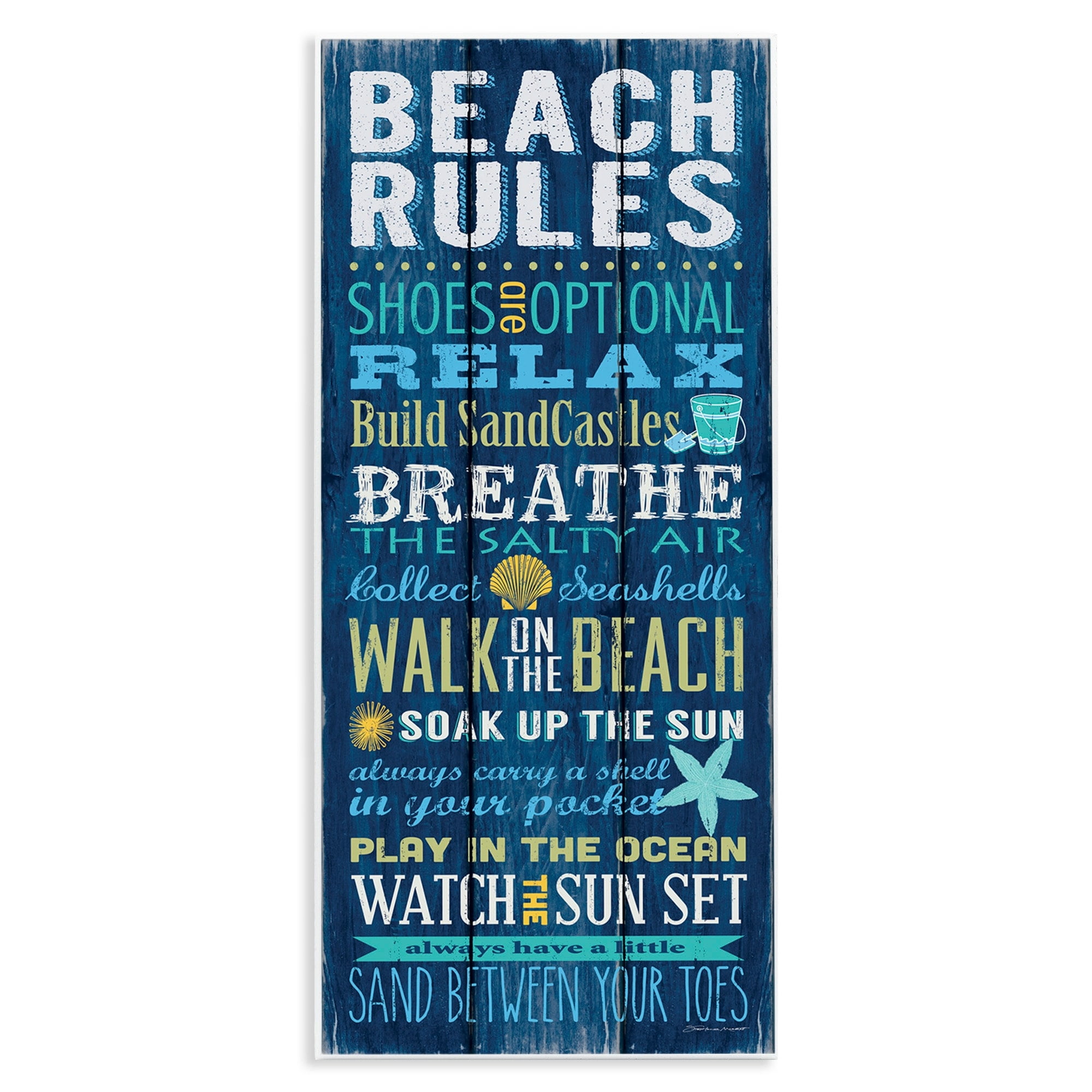 Stupell Industries Beach Rules Sign Blue Planked Pattern Motivational Phrases, 7 x 17, Design by Stephanie Workman Marrott