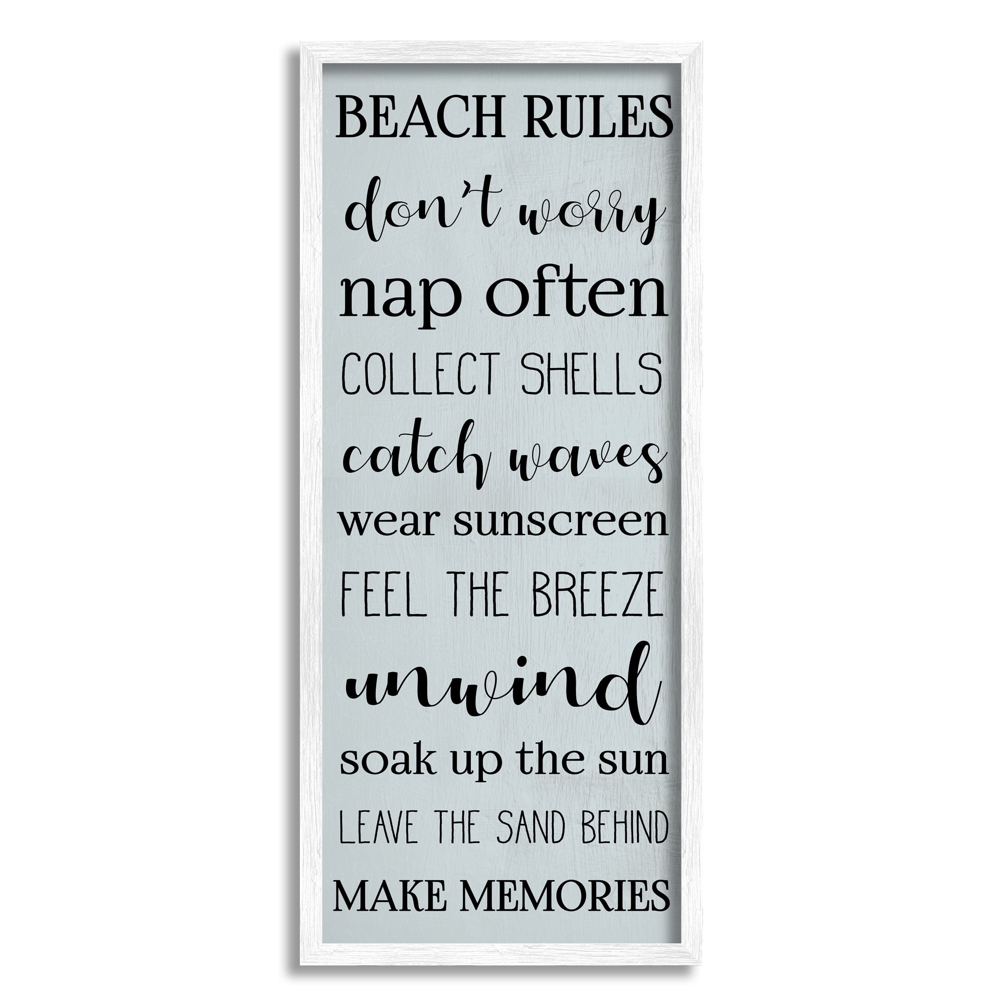 Stupell Industries Beach Rules Sign Coastal Relaxation List Blue Graphic Art White Framed Art Print Wall Art, 10x24, by Daphne Polselli