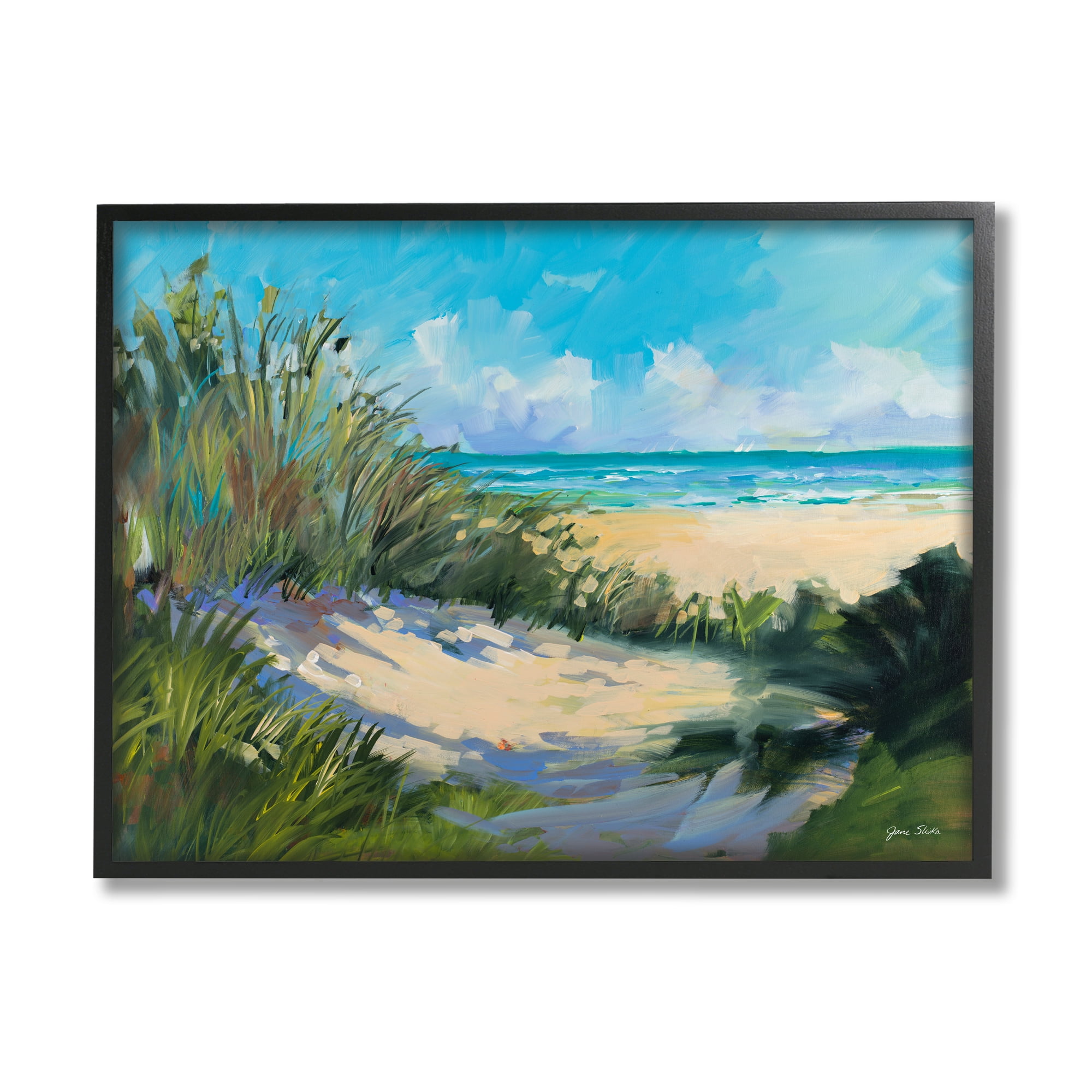 Stupell Industries Beach Sand Dune under Sunny Blue Sky Landscape Nature Painting Black Framed Art Print Wall Art, 11 x 14
