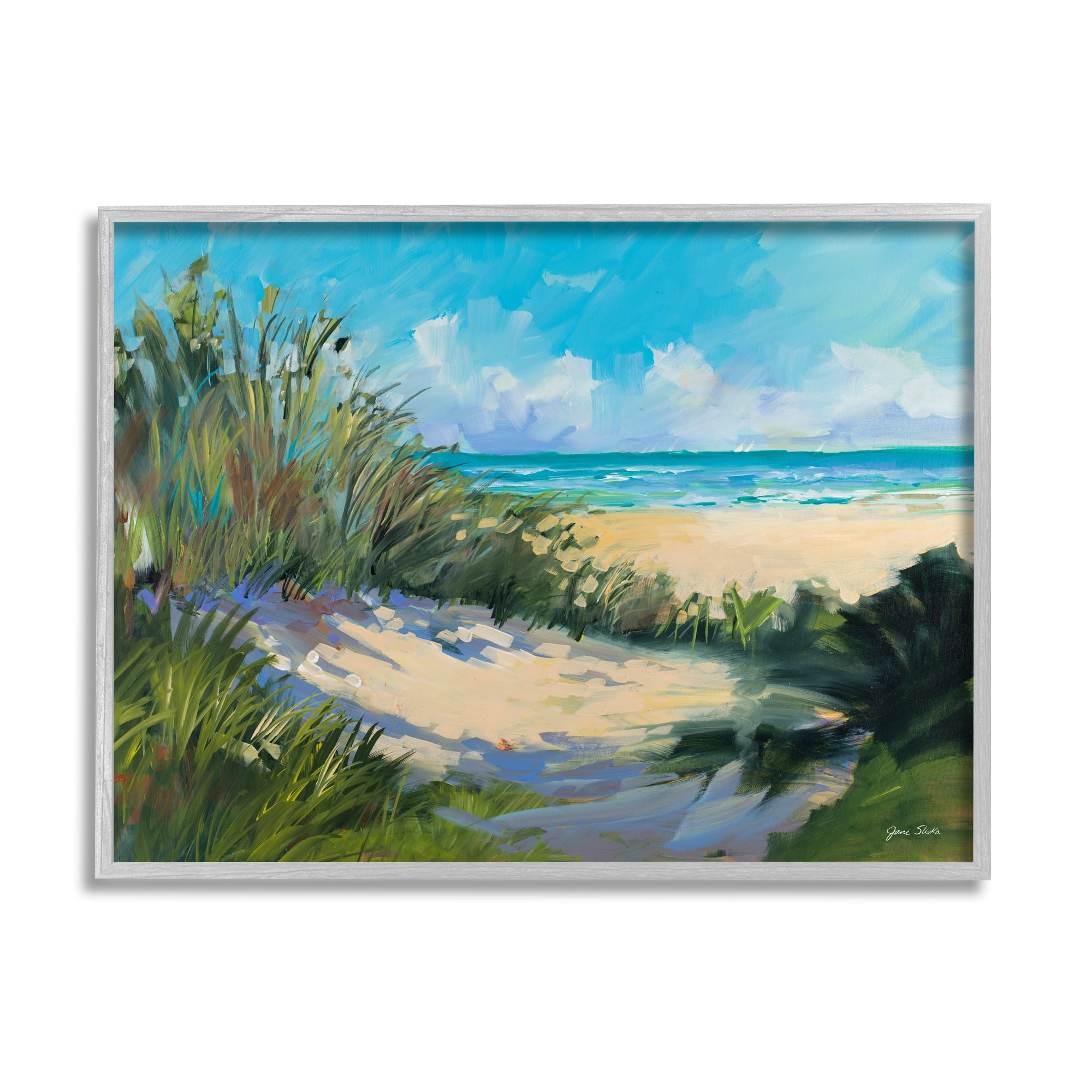 Stupell Industries Beach Sand Dune under Sunny Blue Sky Landscape Nature Painting Gray Framed Art Print Wall Art, 16 x 20