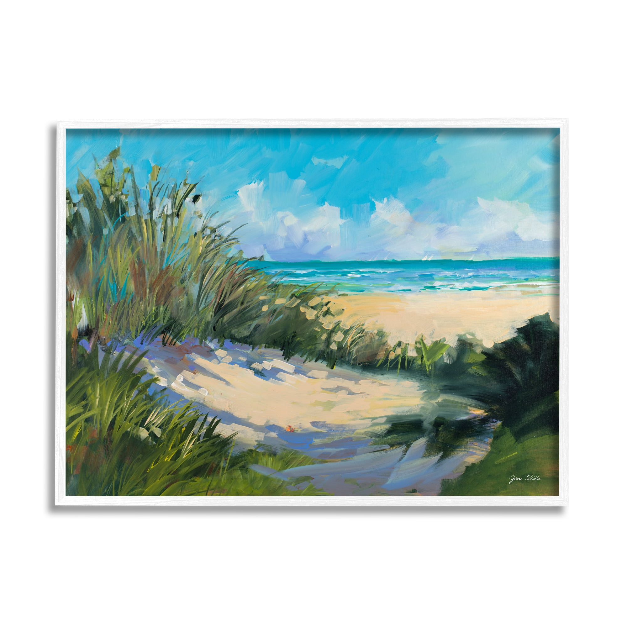 Stupell Industries Beach Sand Dune under Sunny Blue Sky Landscape Nature Painting White Framed Art Print Wall Art, 24 x 30