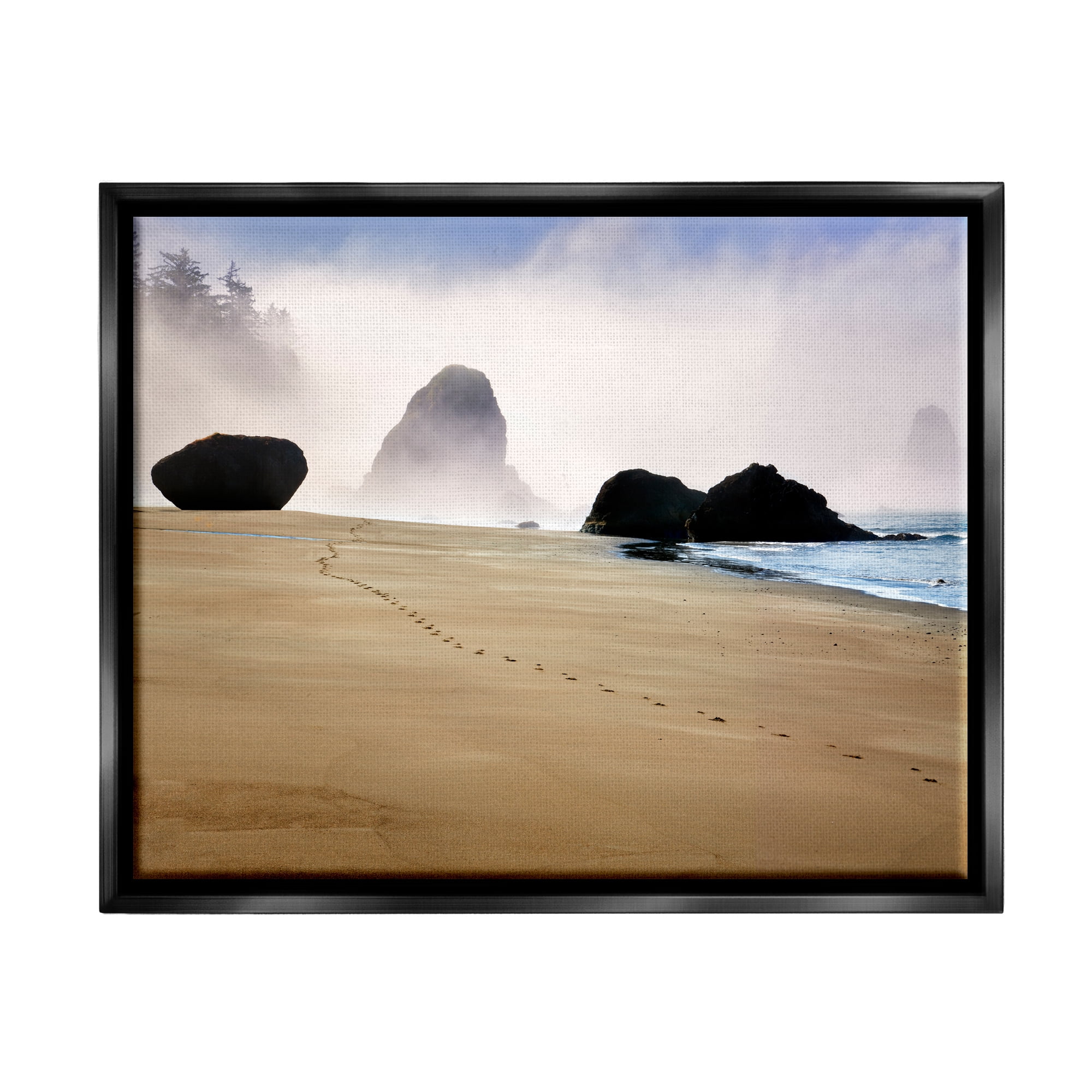 Stupell Industries Beach Sand Footprints Foggy Cliffs Coastal Photography Black Floater Framed Art Print Wall Art