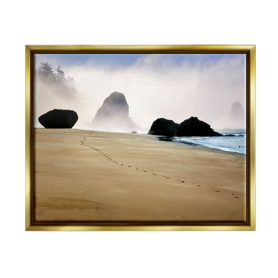 Stupell Industries Beach Sand Footprints Foggy Cliffs Coastal Photography Gold Floater Framed Art Print Wall Art