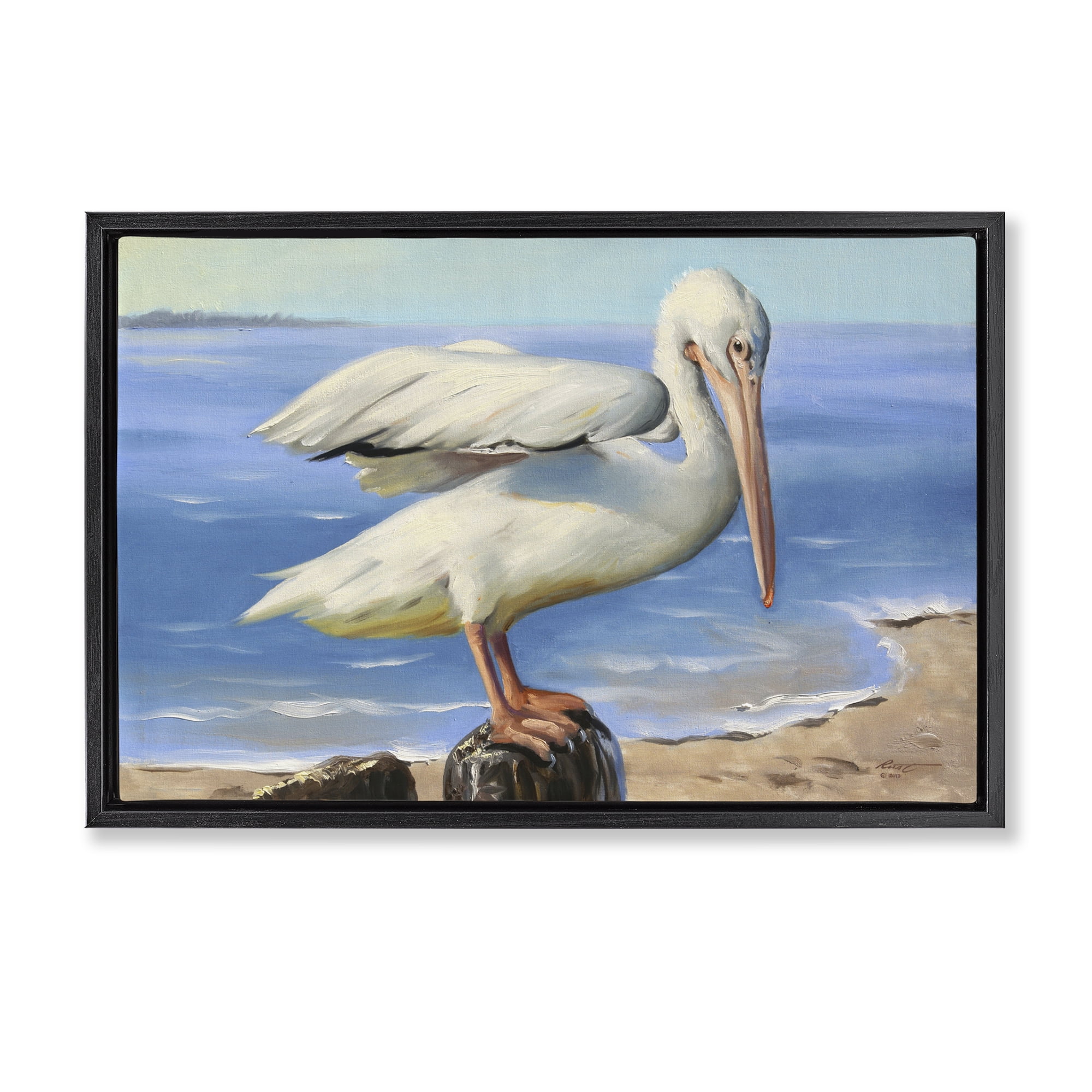 Stupell Industries Beach Scene Pelican Animals & Insects Painting Black Floater Framed Canvas Art Print Wall Art, 31 x 21