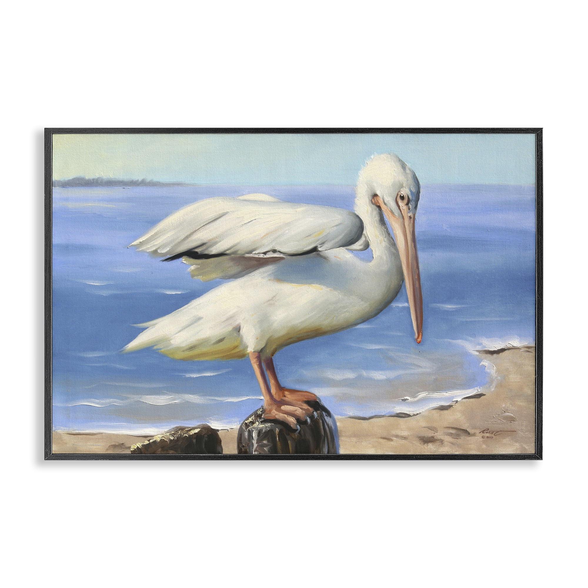 Stupell Industries Beach Scene Pelican Animals & Insects Painting Black Framed Art Print Wall Art, 18 x 12