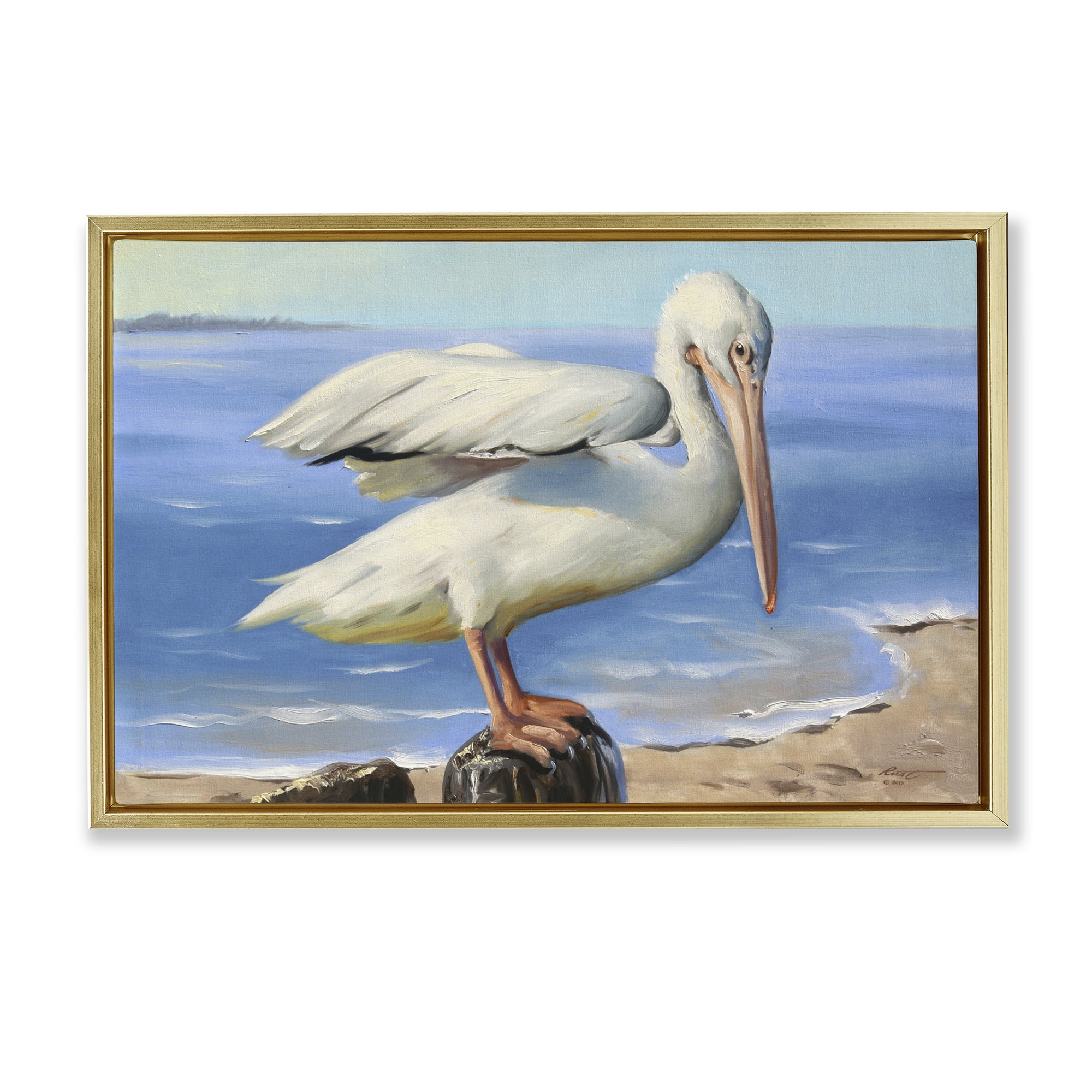 Stupell Industries Beach Scene Pelican Animals & Insects Painting Gold Floater Framed Canvas Art Print Wall Art, 31 x 21