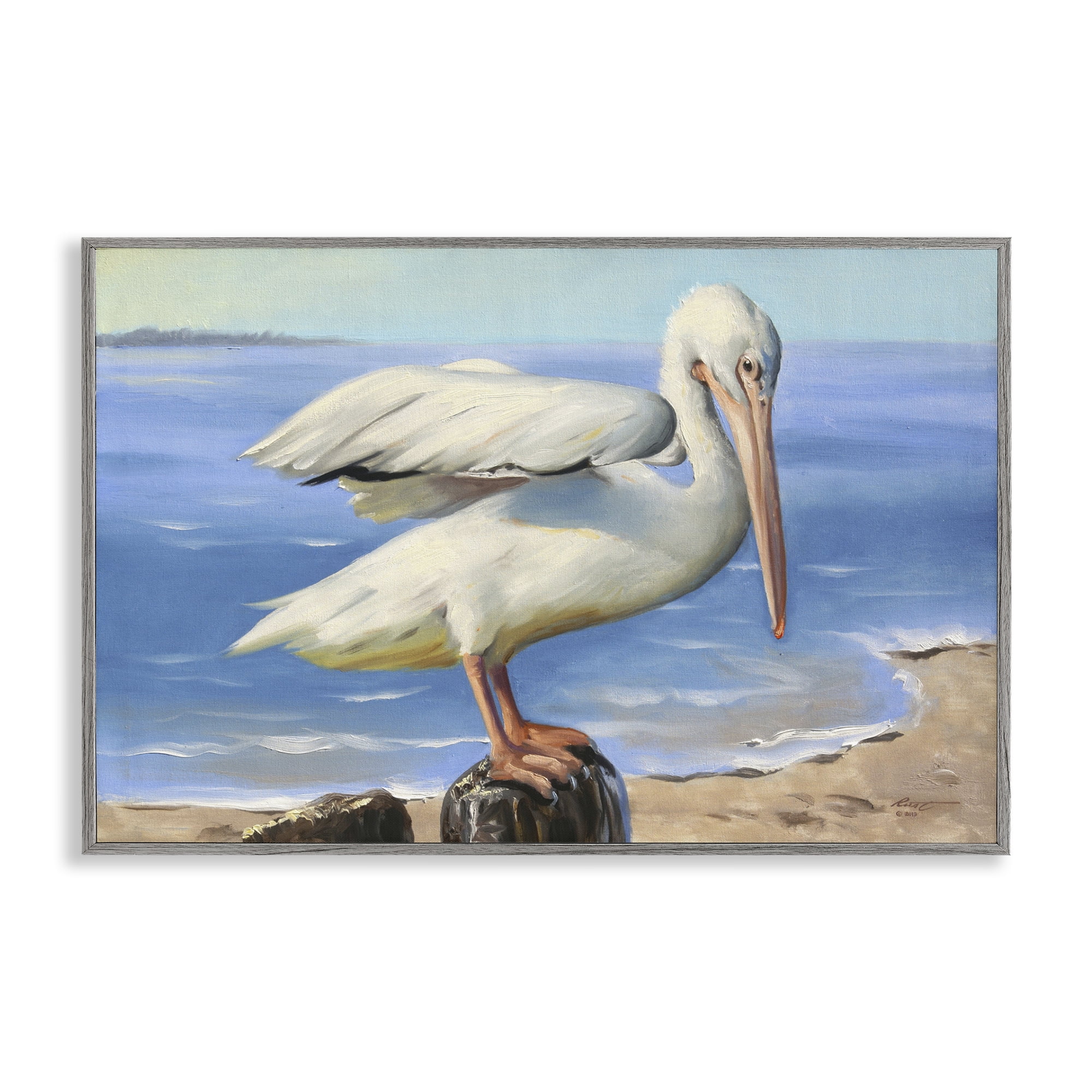Stupell Industries Beach Scene Pelican Animals & Insects Painting Gray Framed Art Print Wall Art, 18 x 12