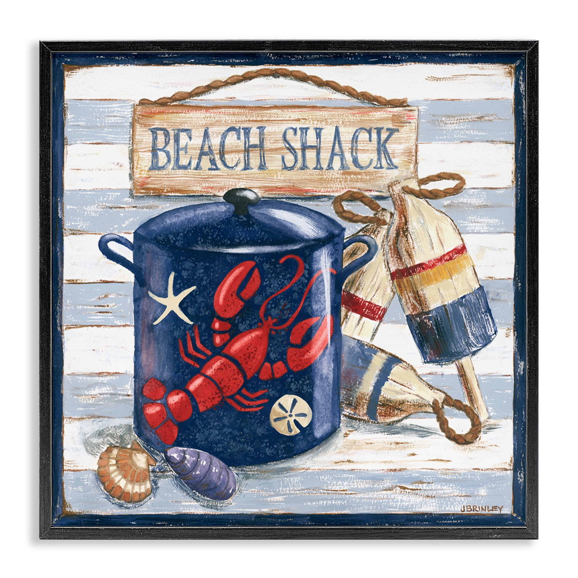 Stupell Industries Beach Shack on Stripes Nautical & Beach Painting Black Framed Art Print Wall Art, 12 x 12