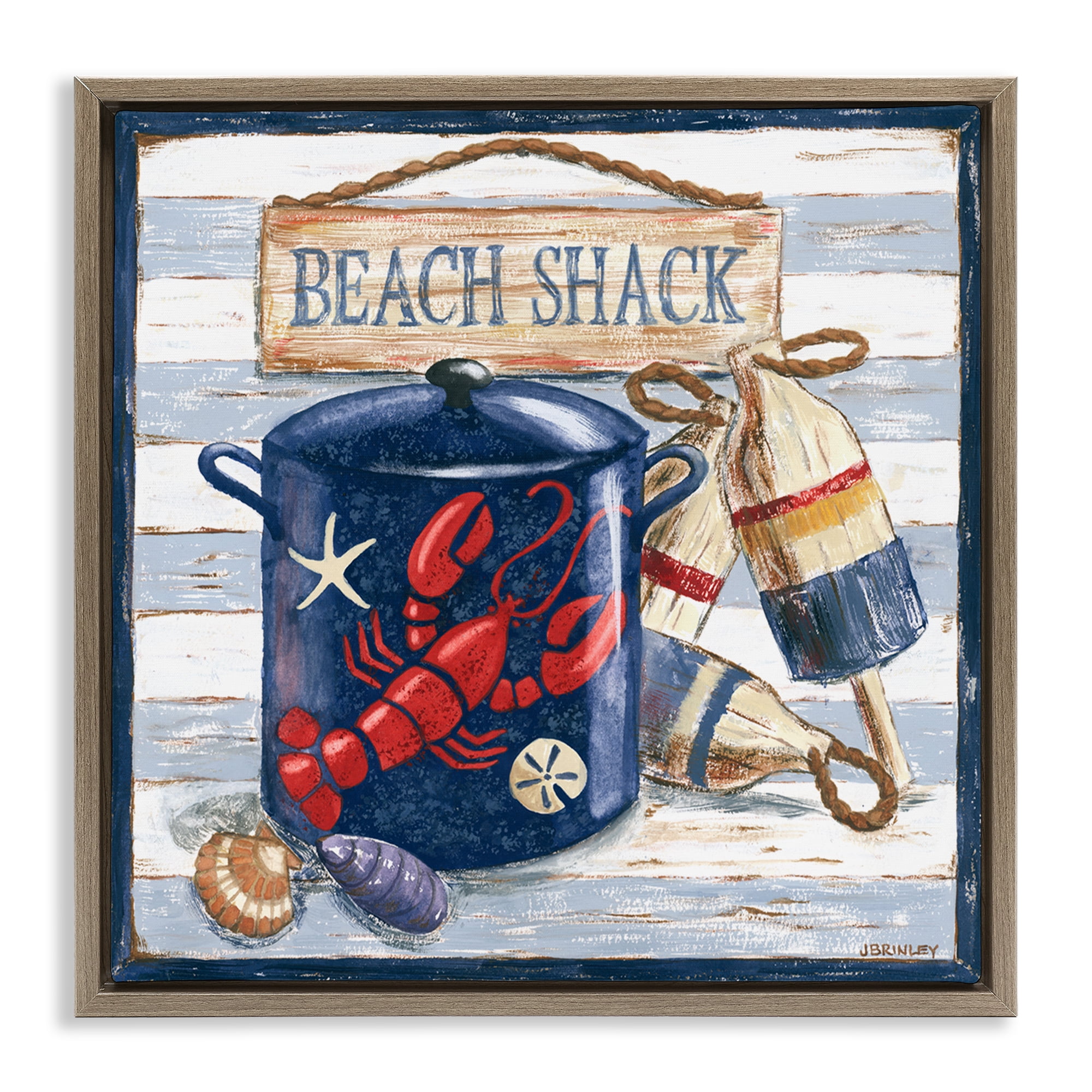 Stupell Industries Beach Shack on Stripes Nautical & Beach Painting Brown Floater Framed Canvas Art Print Wall Art, 18 x 18
