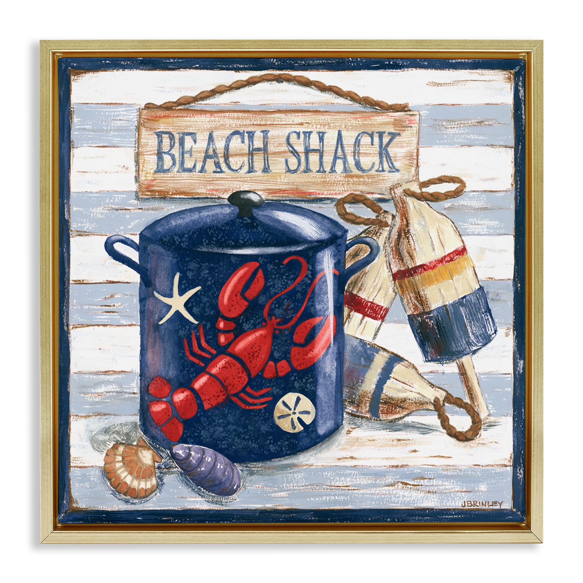 Stupell Industries Beach Shack on Stripes Nautical & Beach Painting Gold Floater Framed Canvas Art Print Wall Art, 25 x 25