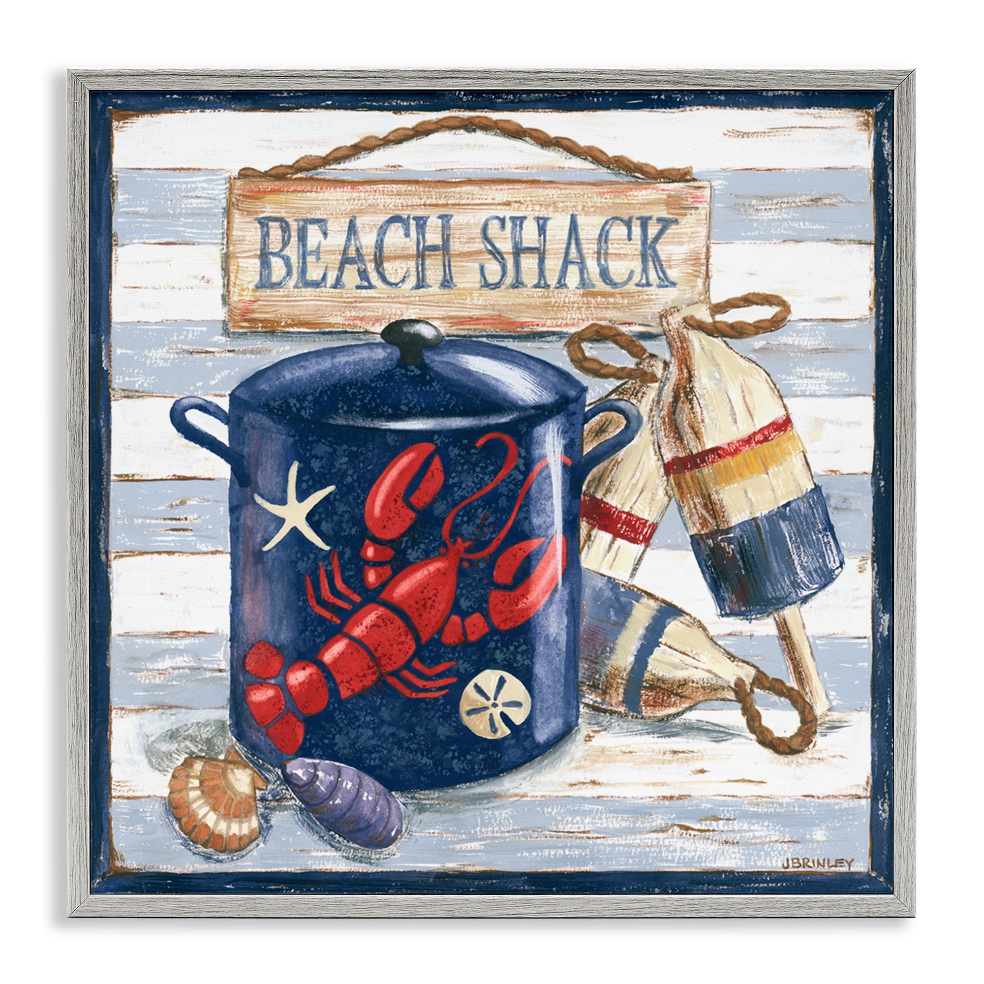 Stupell Industries Beach Shack on Stripes Nautical & Beach Painting Gray Framed Art Print Wall Art, 17 x 17