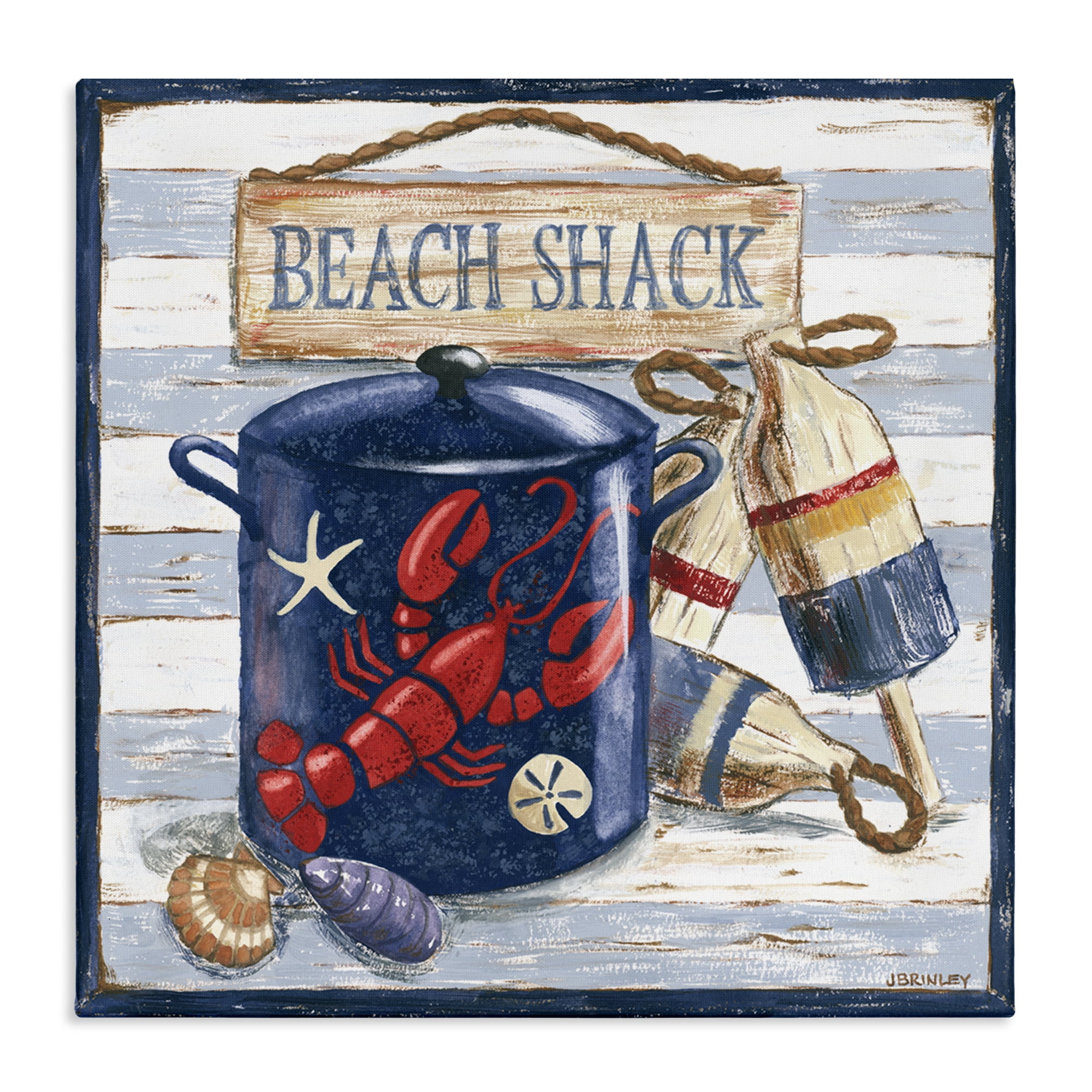 Stupell Industries Beach Shack on Stripes Nautical & Beach Painting Wrapped Canvas Art Print Wall Art, 30 x 30