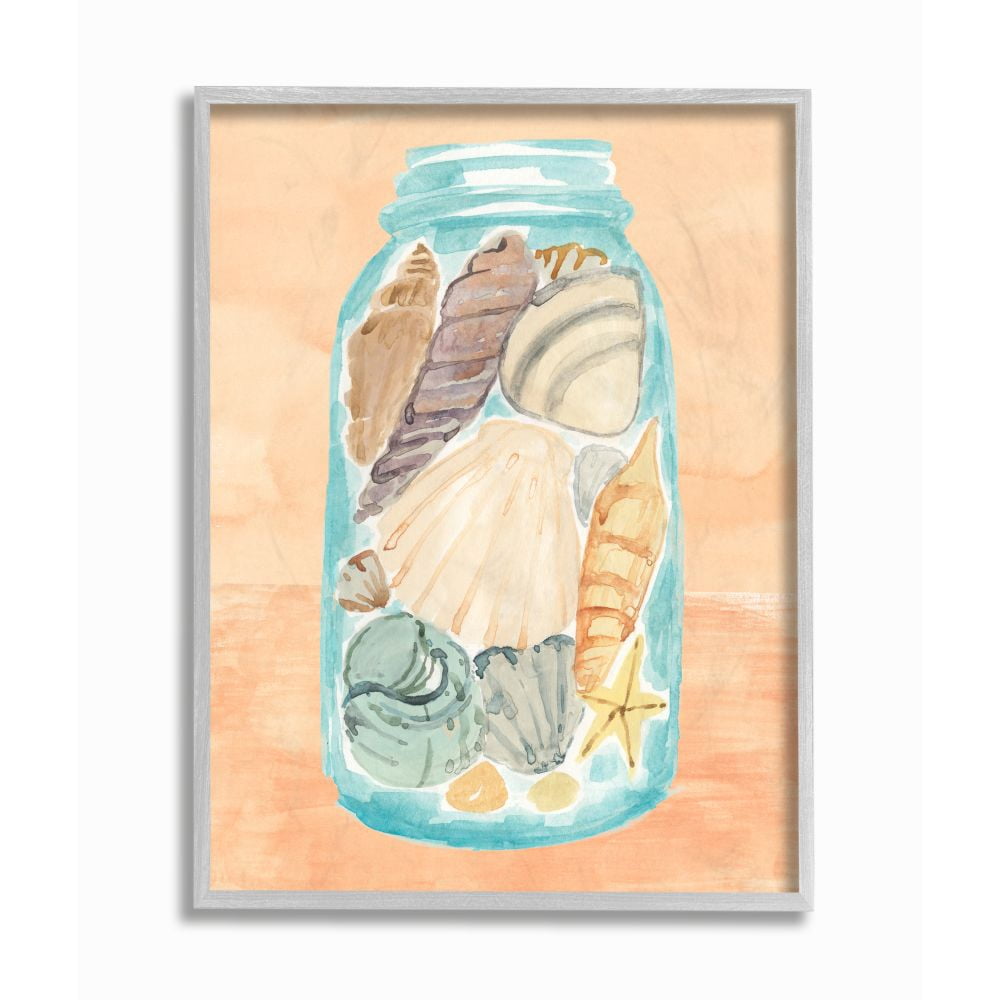 Stupell Industries Beach Shells In Jar Orange Blue Painting Framed Wall Art by Annie Warren