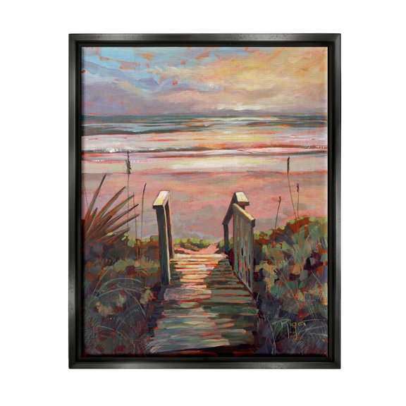 Stupell Industries Beach Shore Sunset Boardwalk Path Coastal Painting Black Floater Framed Art Print Wall Art