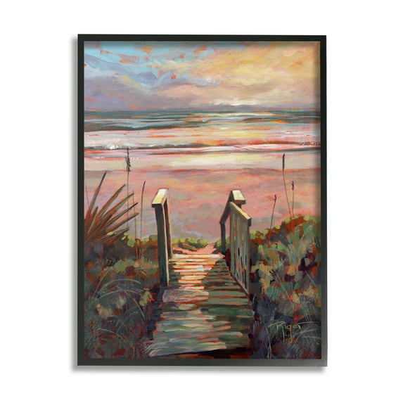 Stupell Industries Beach Shore Sunset Boardwalk Path Coastal Painting Black Framed Art Print Wall Art