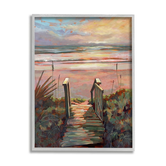 Stupell Industries Beach Shore Sunset Boardwalk Path Coastal Painting Gray Framed Art Print Wall Art