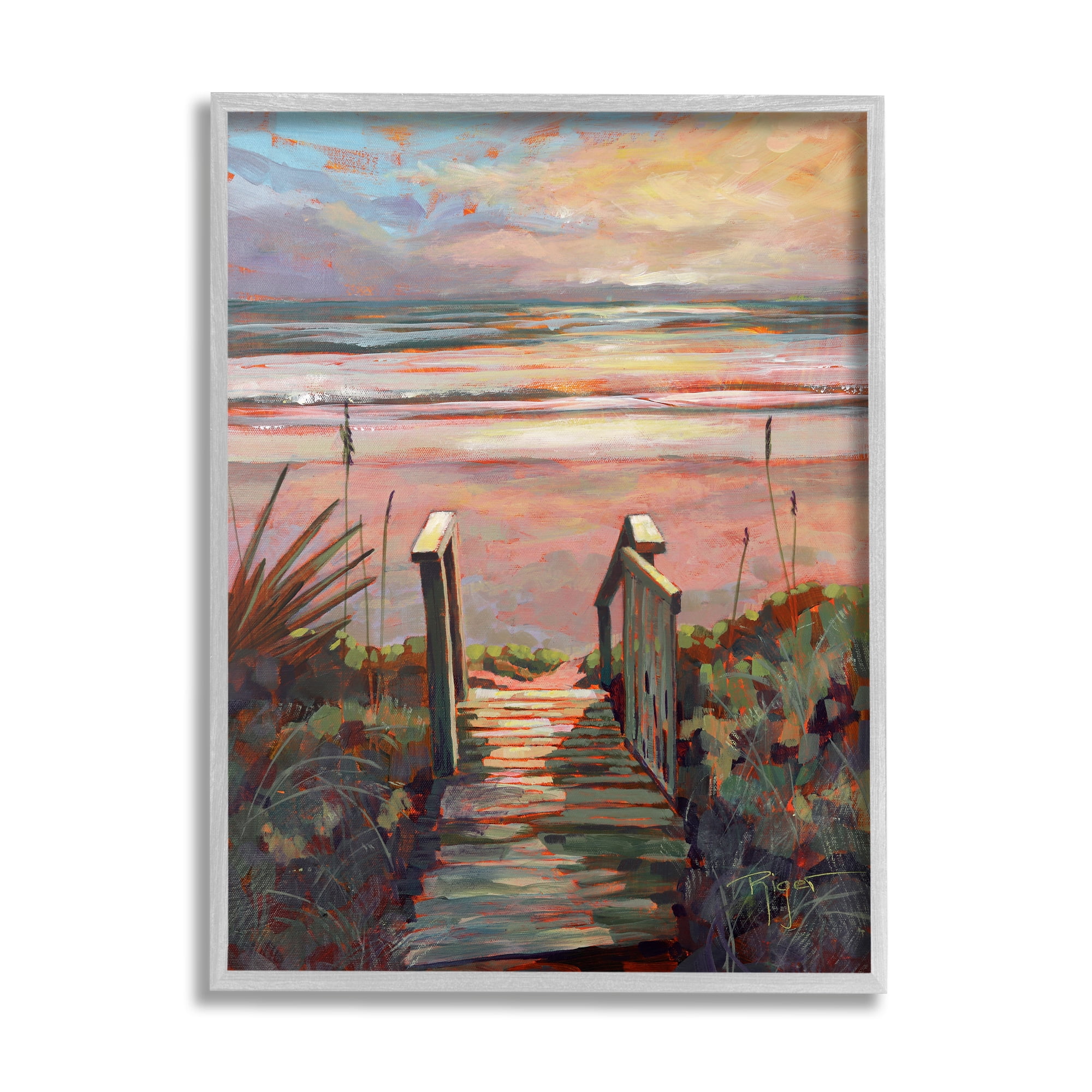 Stupell Industries Beach Shore Sunset Boardwalk Path Coastal Painting Gray Framed Art Print Wall Art