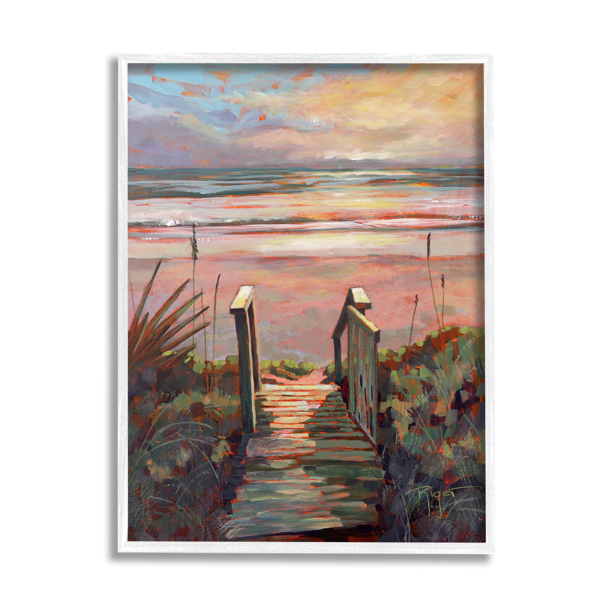 Stupell Industries Beach Shore Sunset Boardwalk Path Coastal Painting White Framed Art Print Wall Art