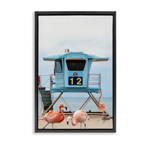 Stupell Industries Beach Shore with Flamingoes Animals Painting Black Floater Framed Canvas Art Print Wall Art, 17 x 25