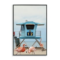 Stupell Industries Beach Shore with Flamingoes Animals Painting Black Framed Art Print Wall Art, 12 x 18