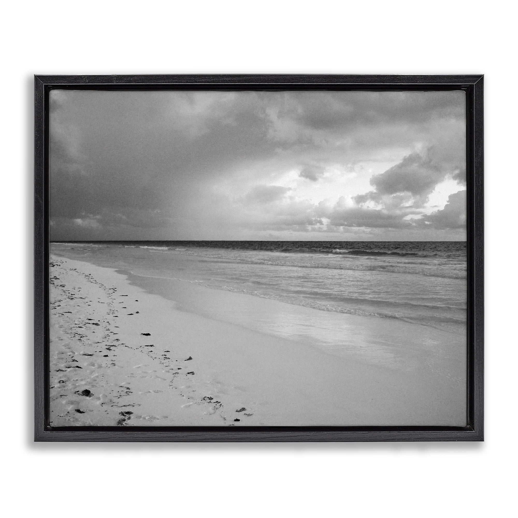 Stupell Industries Beach Shore with Footprints Coastal Photography Black Floater Framed Canvas Art Print Wall Art, 21 x 17