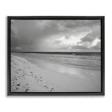 Stupell Industries Beach Shore with Footprints Coastal Photography Black Floater Framed Canvas Art Print Wall Art, 21 x 17