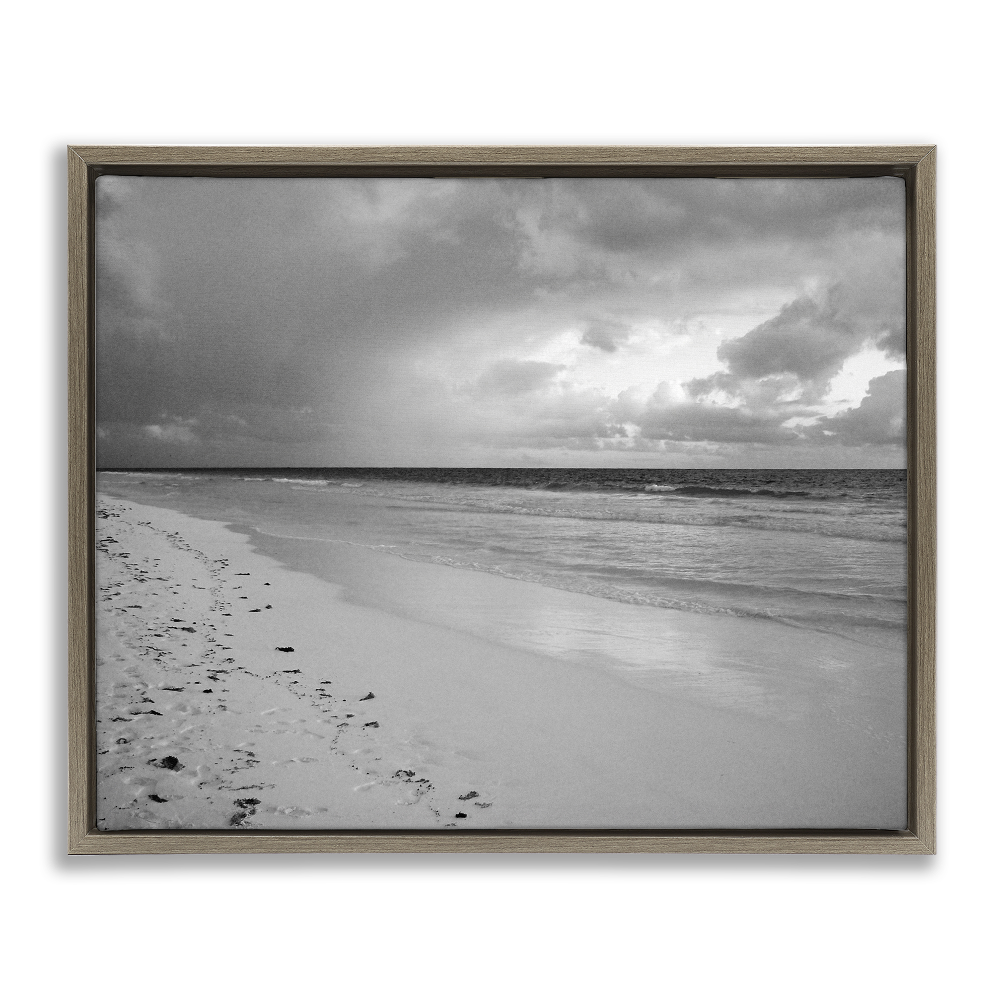 Stupell Industries Beach Shore with Footprints Coastal Photography Brown Floater Framed Canvas Art Print Wall Art, 21 x 17