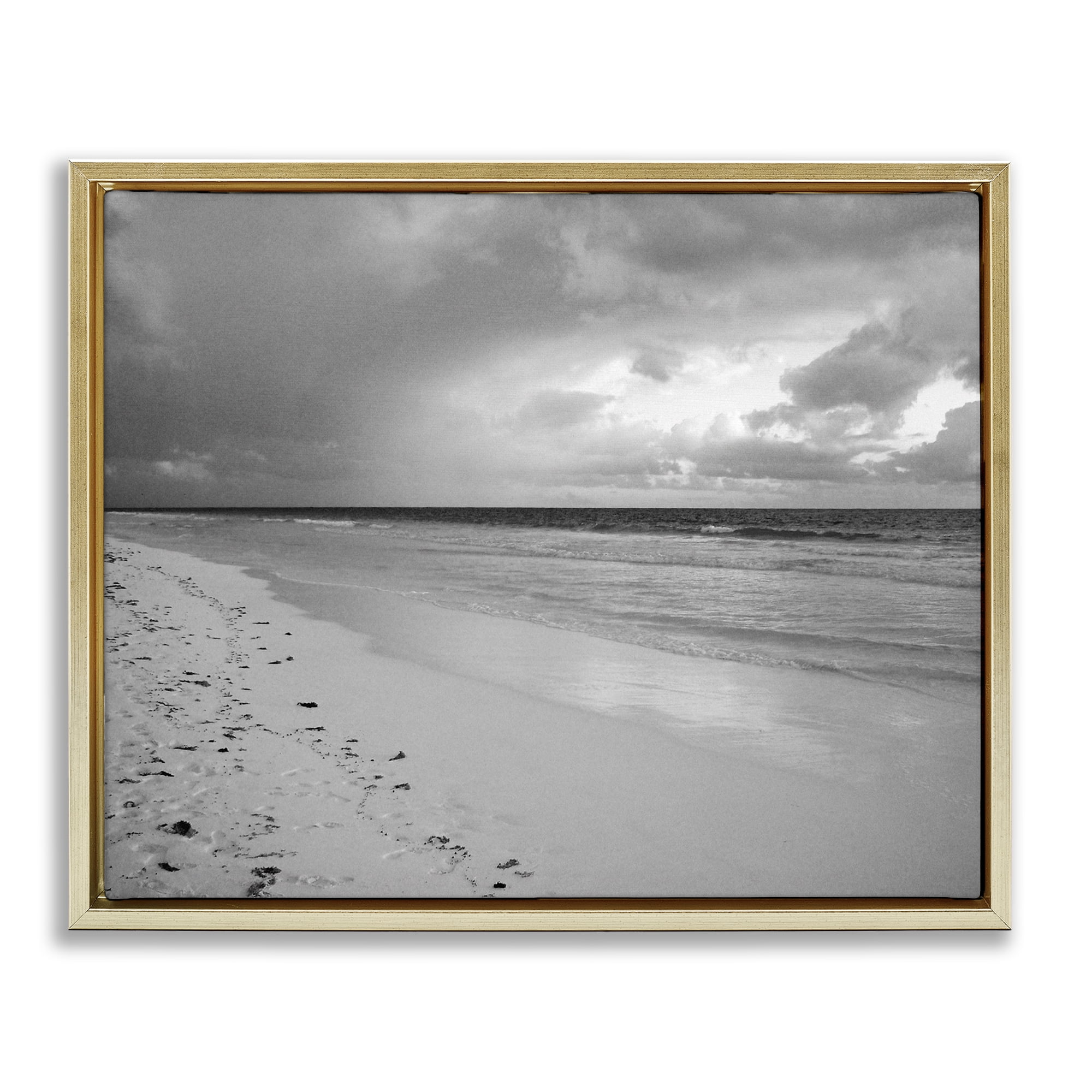 Stupell Industries Beach Shore with Footprints Coastal Photography Gold Floater Framed Canvas Art Print Wall Art, 21 x 17