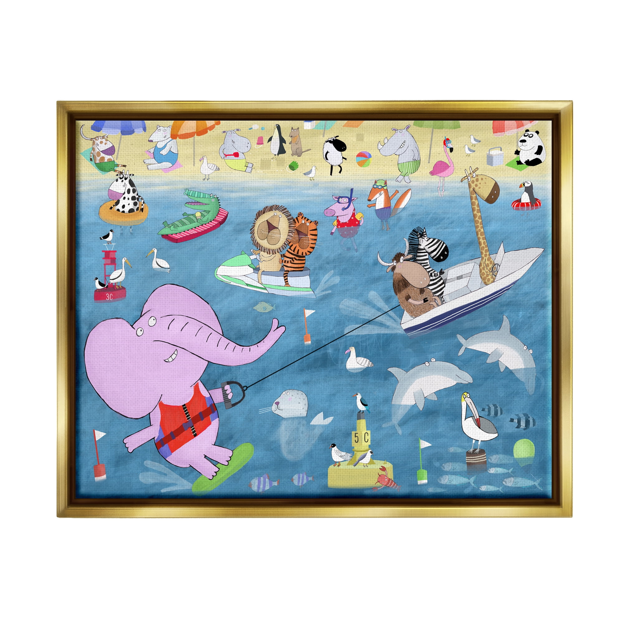 Stupell Industries Beach Sports Animals Animals & Insects Painting Gold Floater Framed Art Print Wall Art, 21 x 17