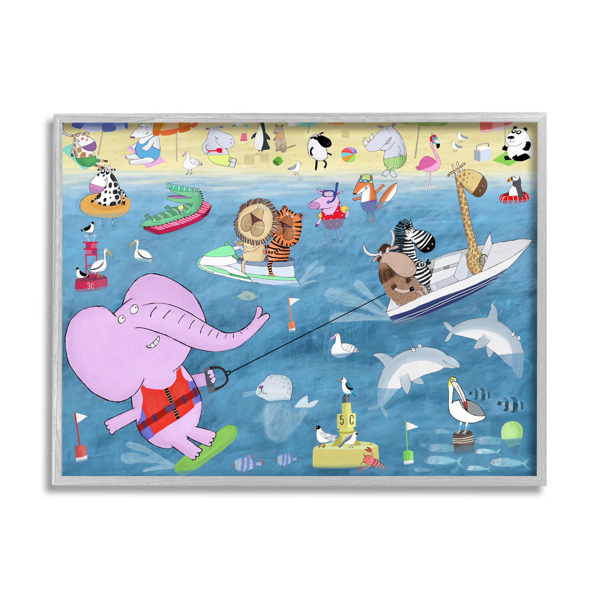 Stupell Industries Beach Sports Animals Animals & Insects Painting Gray Framed Art Print Wall Art, 14 x 11