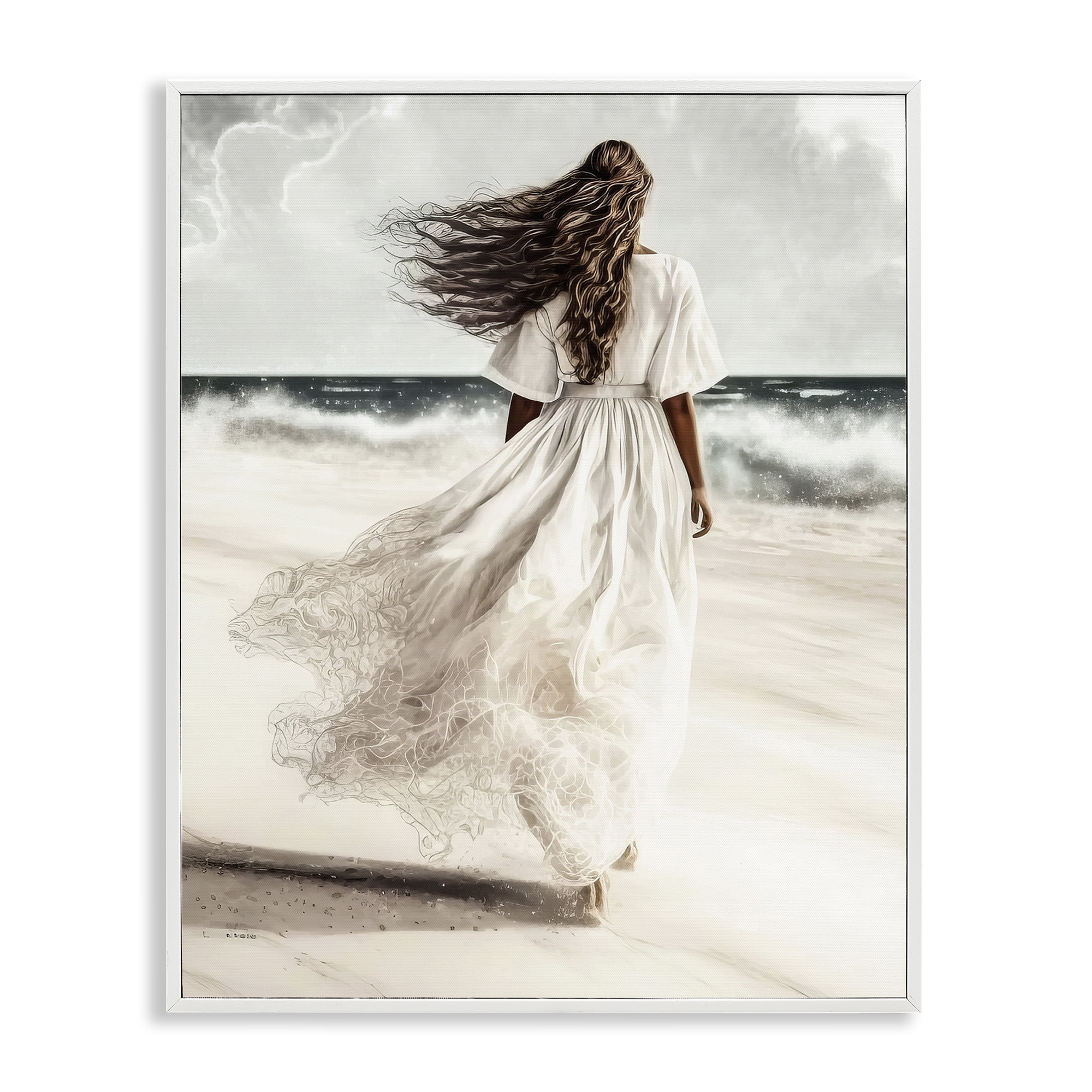 Stupell Industries Beach Stroll Sea Spray People Painting White Framed Art Print Wall Art, 16 x 20