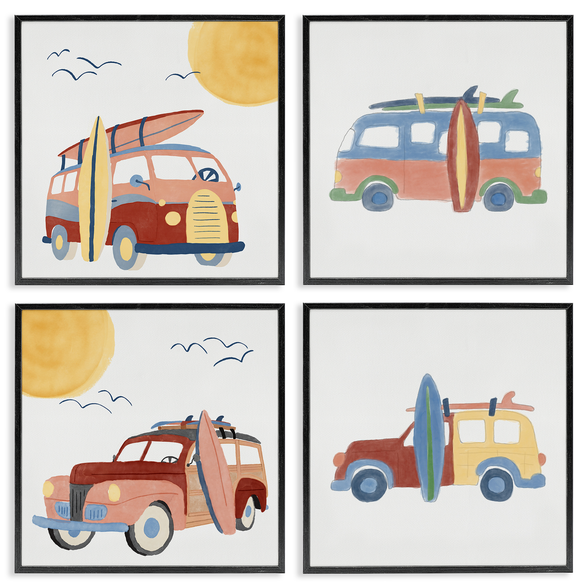 Stupell Industries Beach Surf Vehicles Transportation Painting Black Framed Art Print Wall Art, 12 x 12, Set of 4