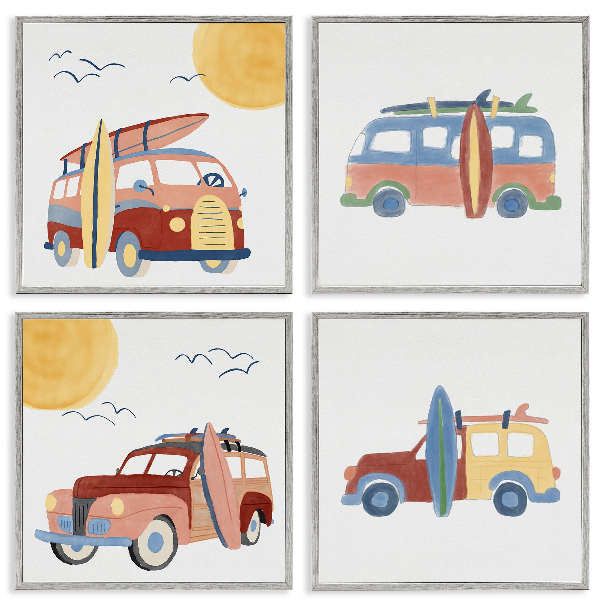 Stupell Industries Beach Surf Vehicles Transportation Painting Gray Framed Art Print Wall Art, 12 x 12, Set of 4