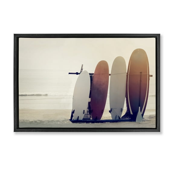 Stupell Industries Beach Surfboards Leaning Landscape Photography Black Floater Framed Canvas Art Print Wall Art, 25 x 17