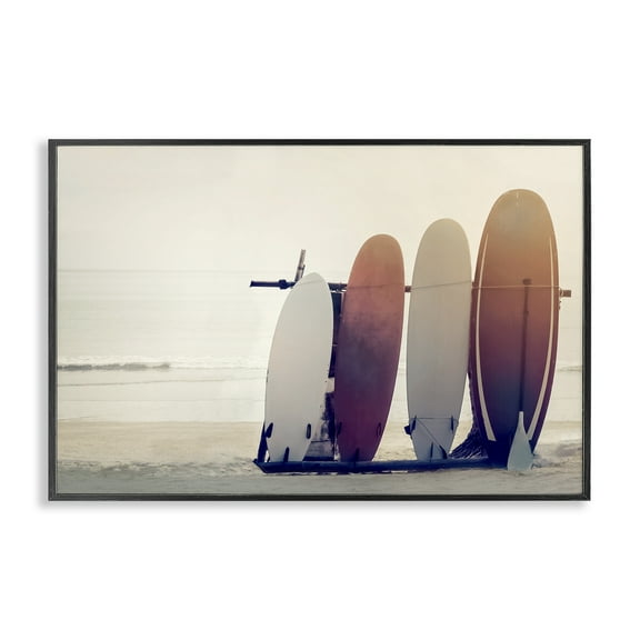 Stupell Industries Beach Surfboards Leaning Landscape Photography Black Framed Art Print Wall Art, 18 x 12