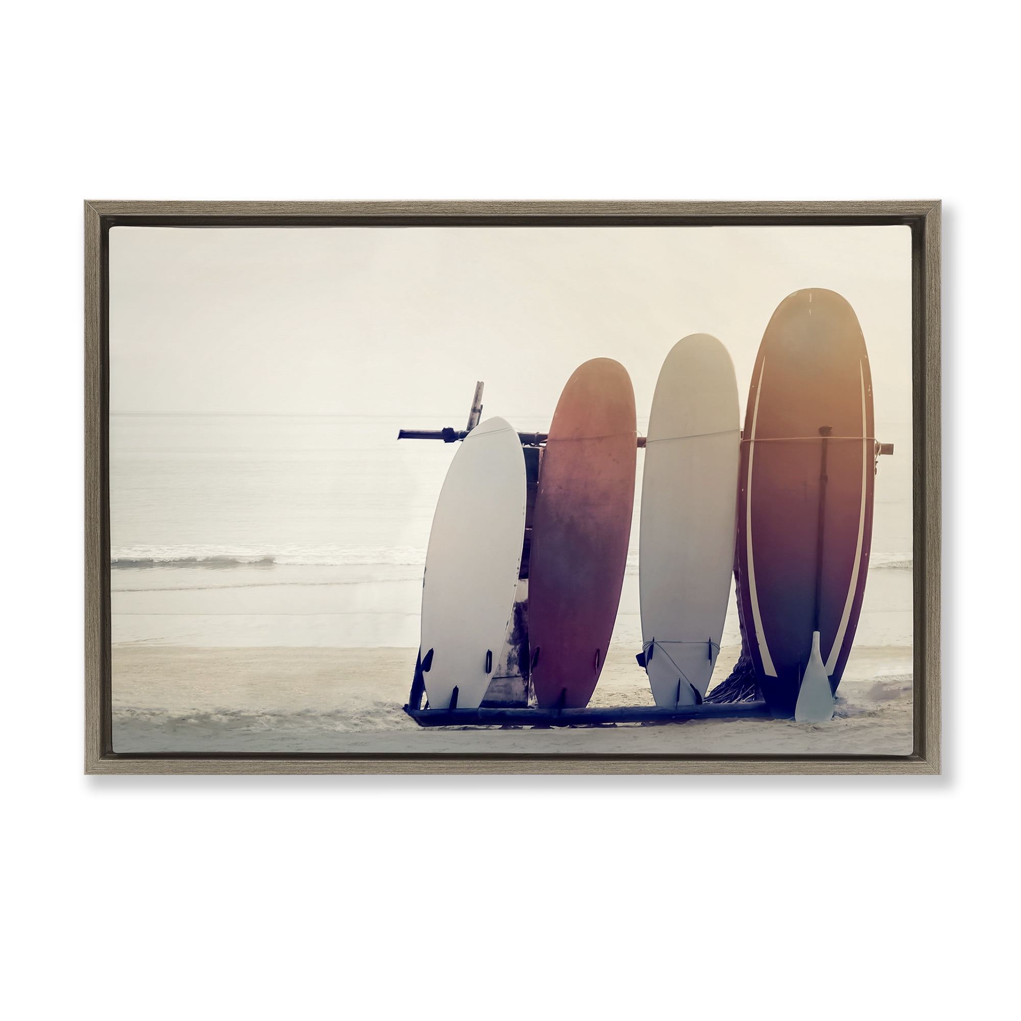 Stupell Industries Beach Surfboards Leaning Landscape Photography Brown Floater Framed Canvas Art Print Wall Art, 25 x 17