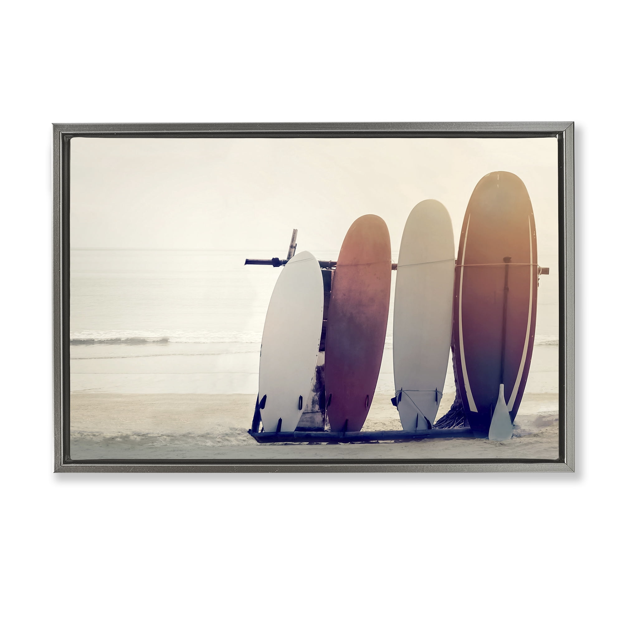 Stupell Industries Beach Surfboards Leaning Landscape Photography Gray Floater Framed Canvas Art Print Wall Art, 25 x 17