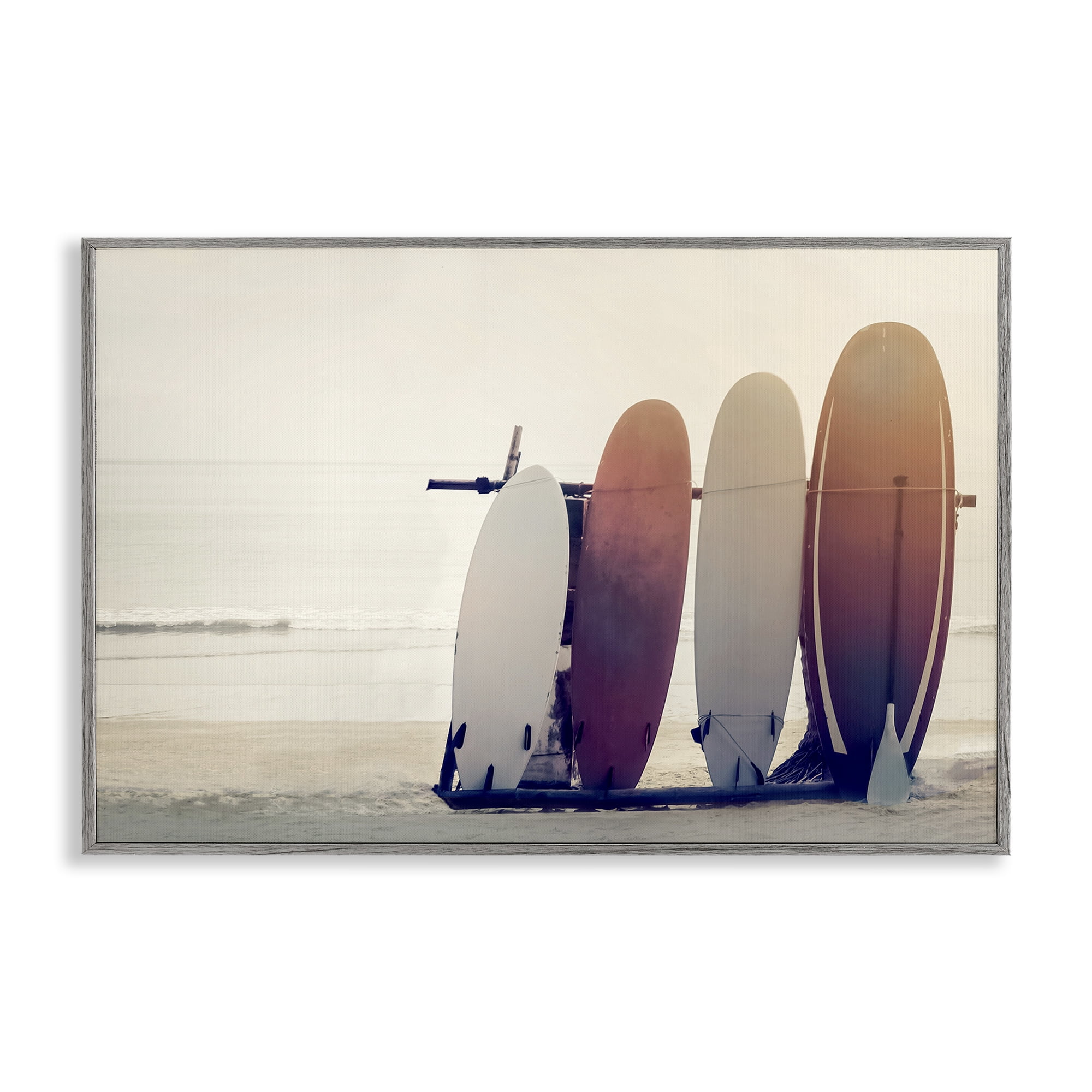 Stupell Industries Beach Surfboards Leaning Landscape Photography Gray Framed Art Print Wall Art, 24 x 16