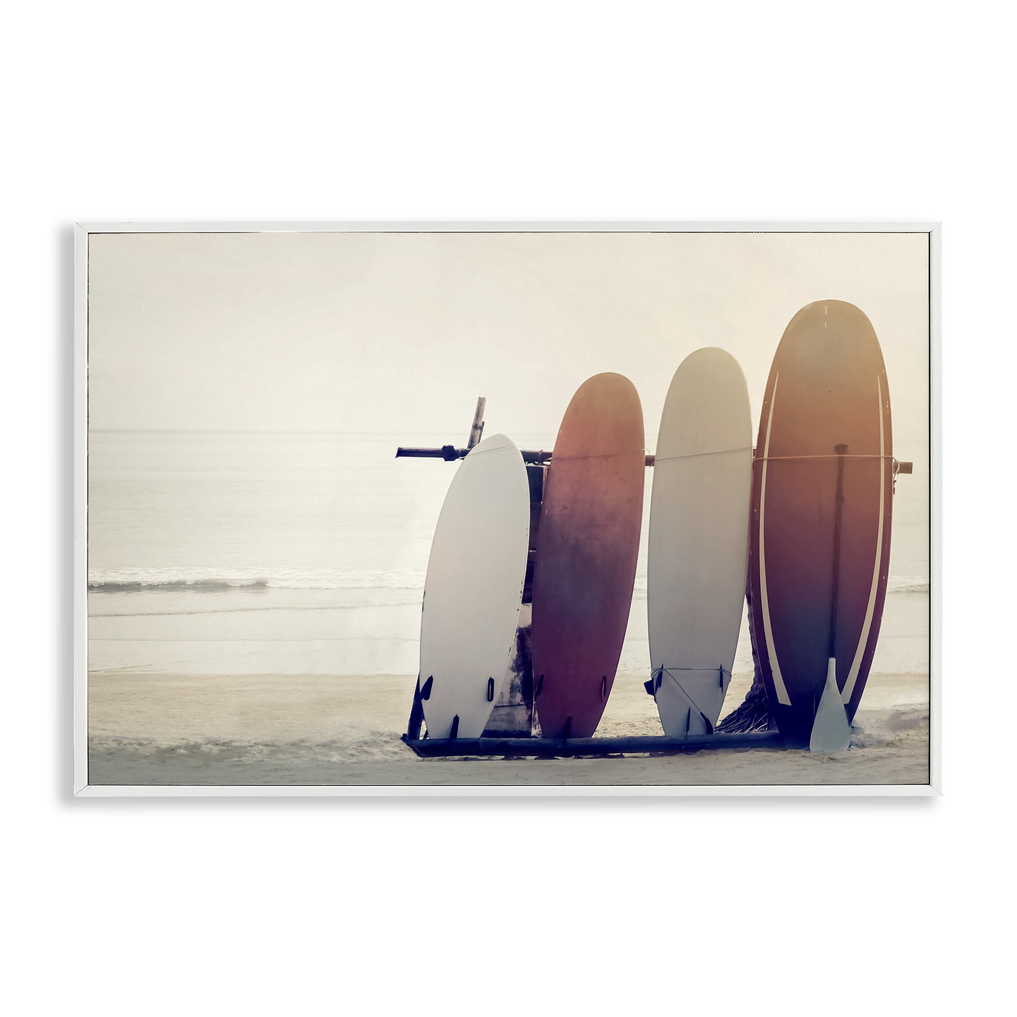Stupell Industries Beach Surfboards Leaning Landscape Photography White Framed Art Print Wall Art, 24 x 16